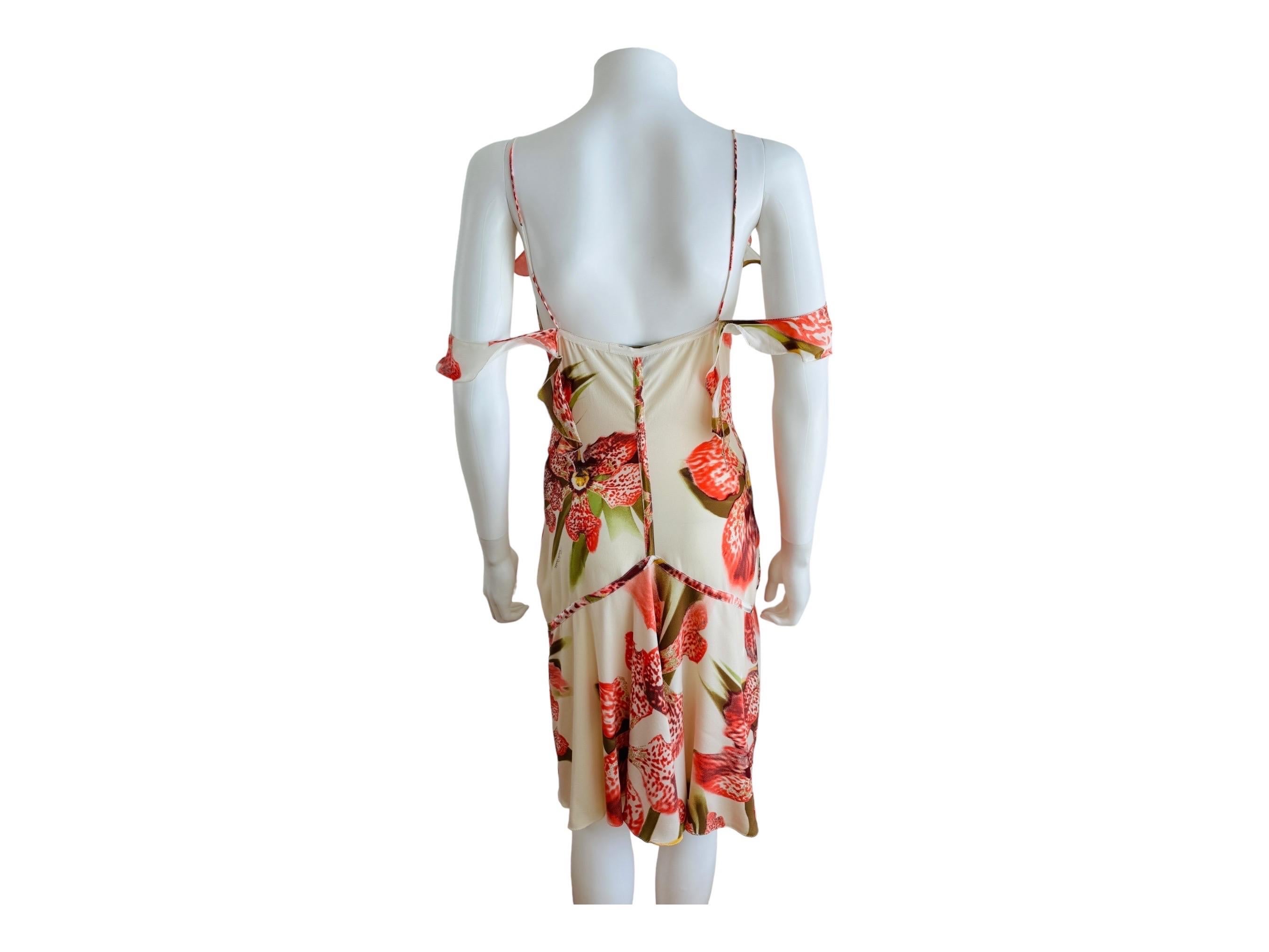 Vintage Roberto Cavalli F/W 2004 Floral Orchid Print Cream + Pink Ruffle Dress 6