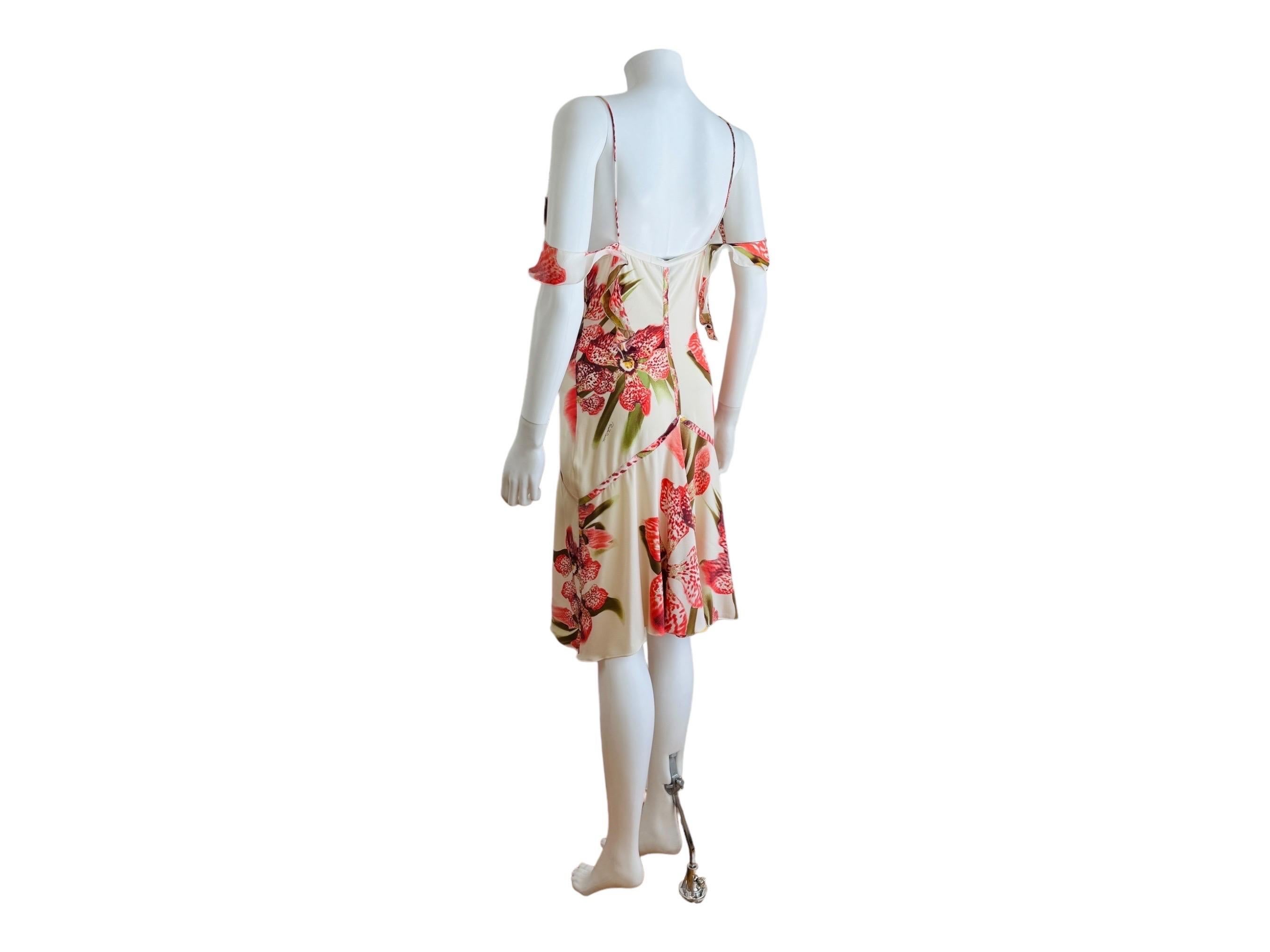 Vintage Roberto Cavalli F/W 2004 Floral Orchid Print Cream + Pink Ruffle Dress 7