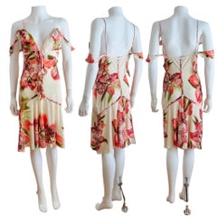 Vintage Roberto Cavalli A/I 2004 Abito con stampa floreale e orchidea crema e volant rosa