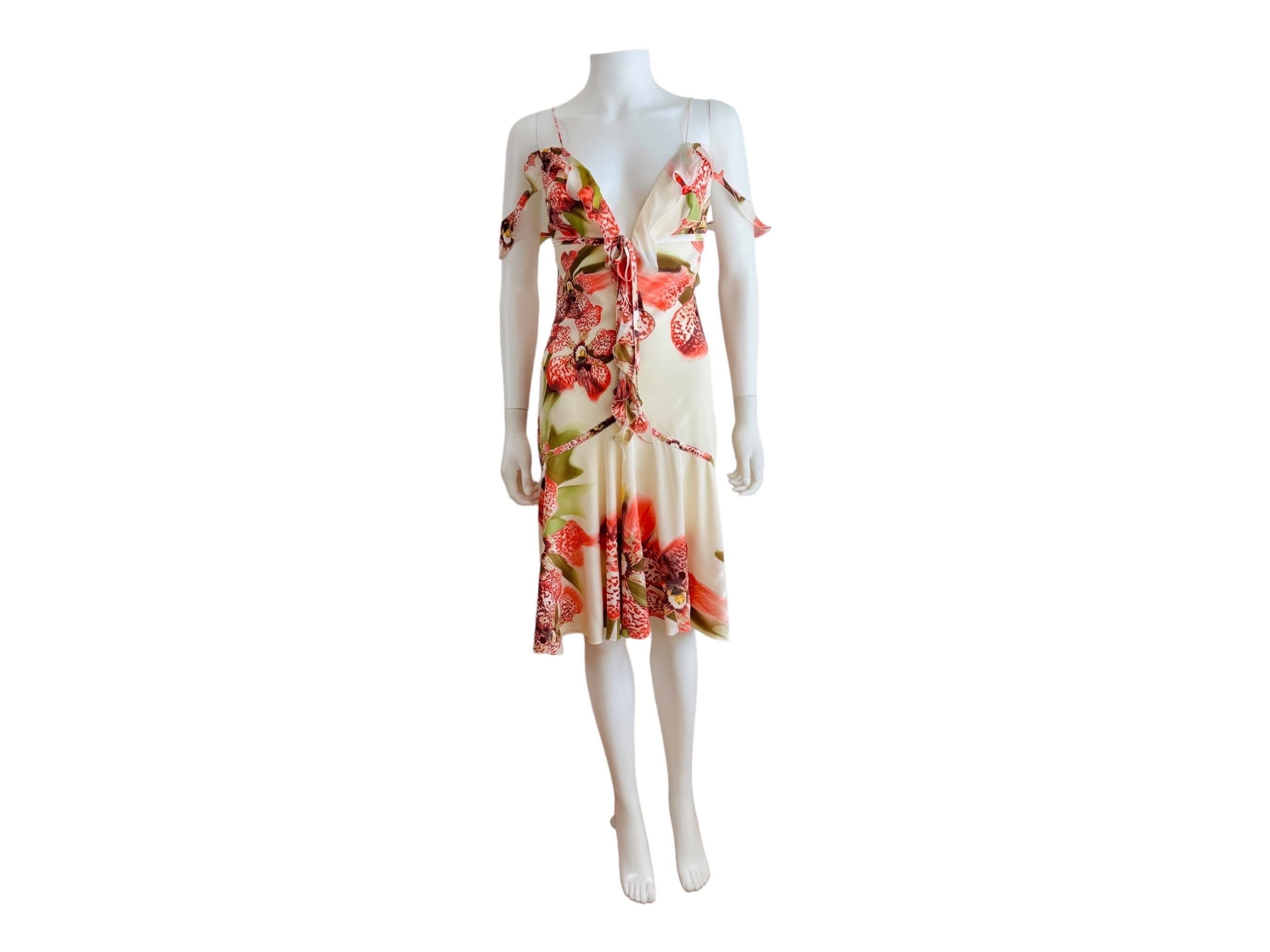 White Vintage Roberto Cavalli F/W 2004 Floral Orchid Print Cream + Pink Ruffle Dress