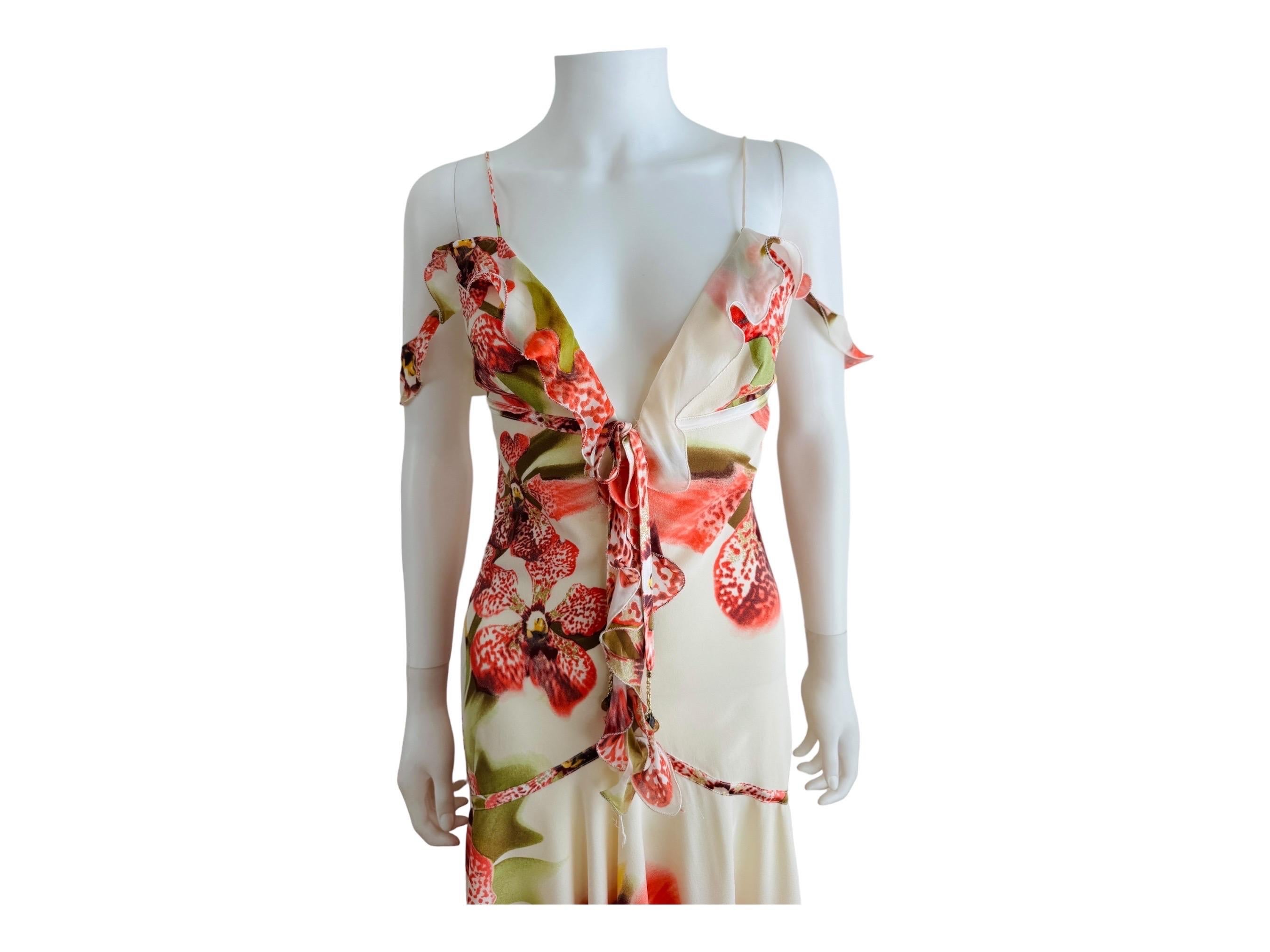 Vintage Roberto Cavalli F/W 2004 Floral Orchid Print Cream + Pink Ruffle Dress In Excellent Condition In Denver, CO