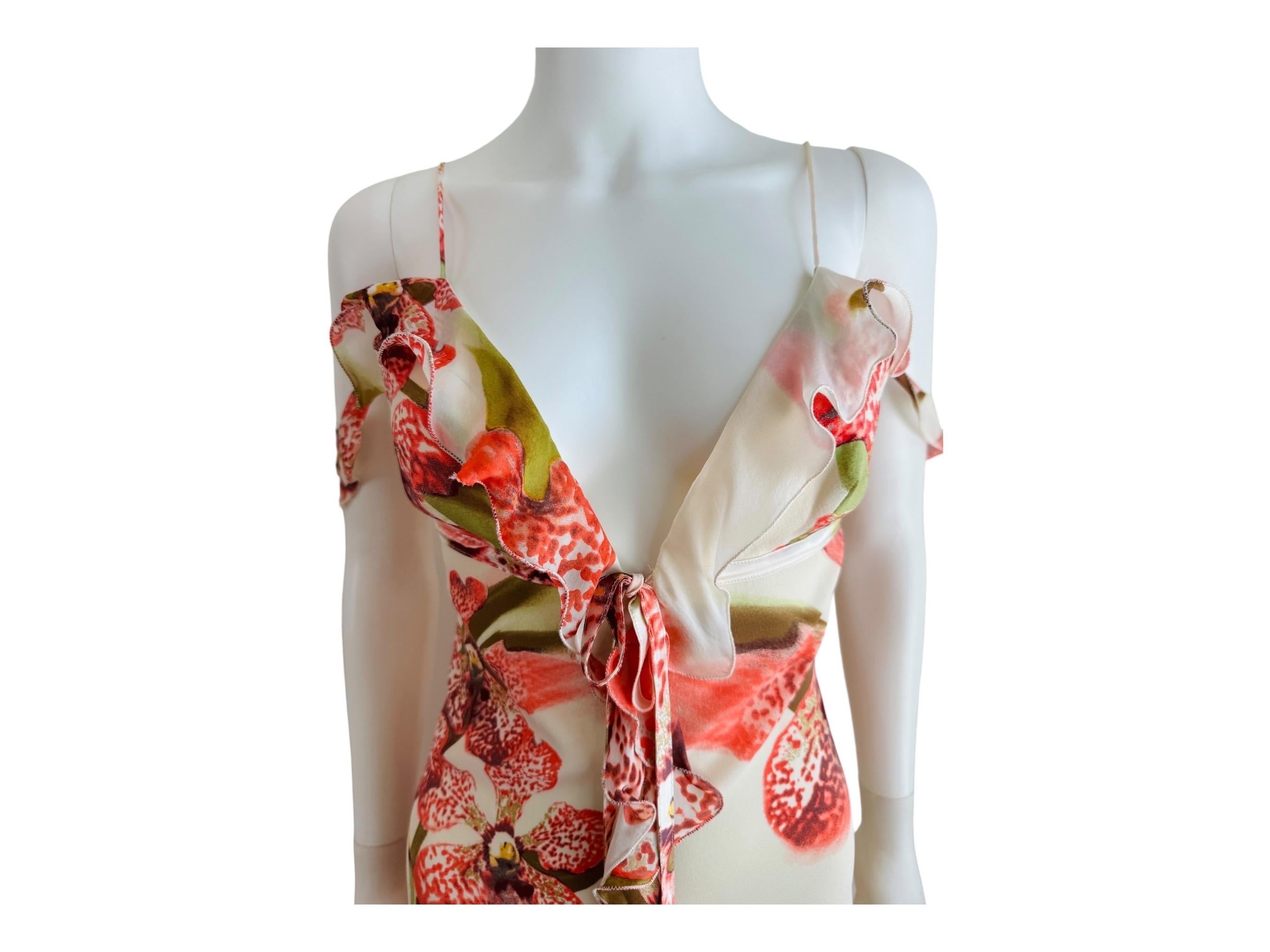Women's Vintage Roberto Cavalli F/W 2004 Floral Orchid Print Cream + Pink Ruffle Dress