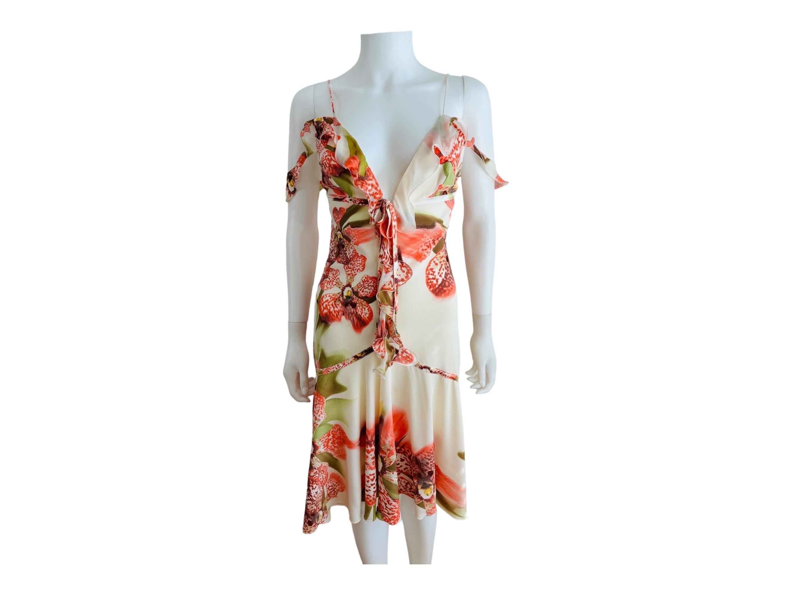 Vintage Roberto Cavalli F/W 2004 Floral Orchid Print Cream + Pink Ruffle Dress 1