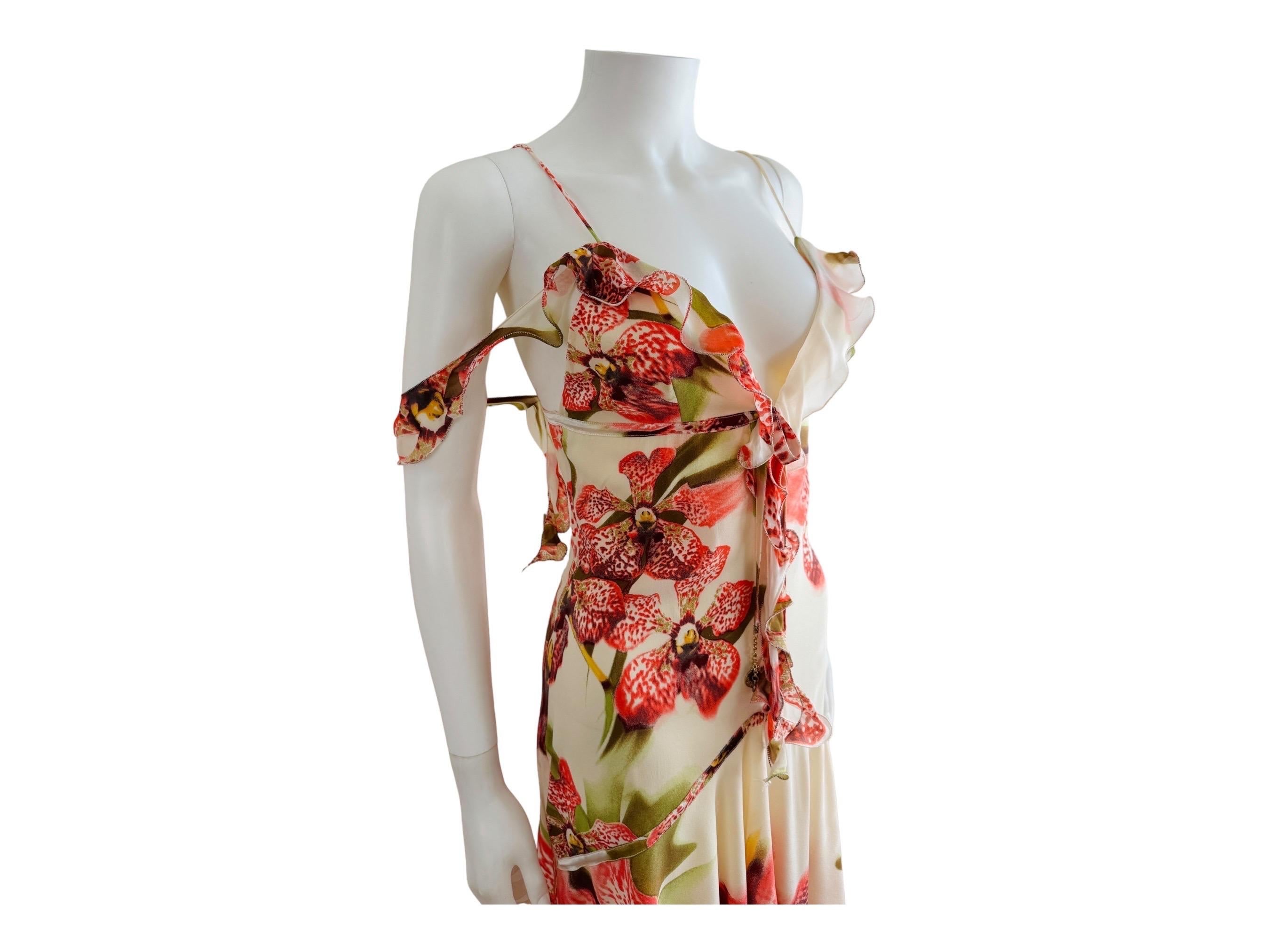 Vintage Roberto Cavalli F/W 2004 Floral Orchid Print Cream + Pink Ruffle Dress 2