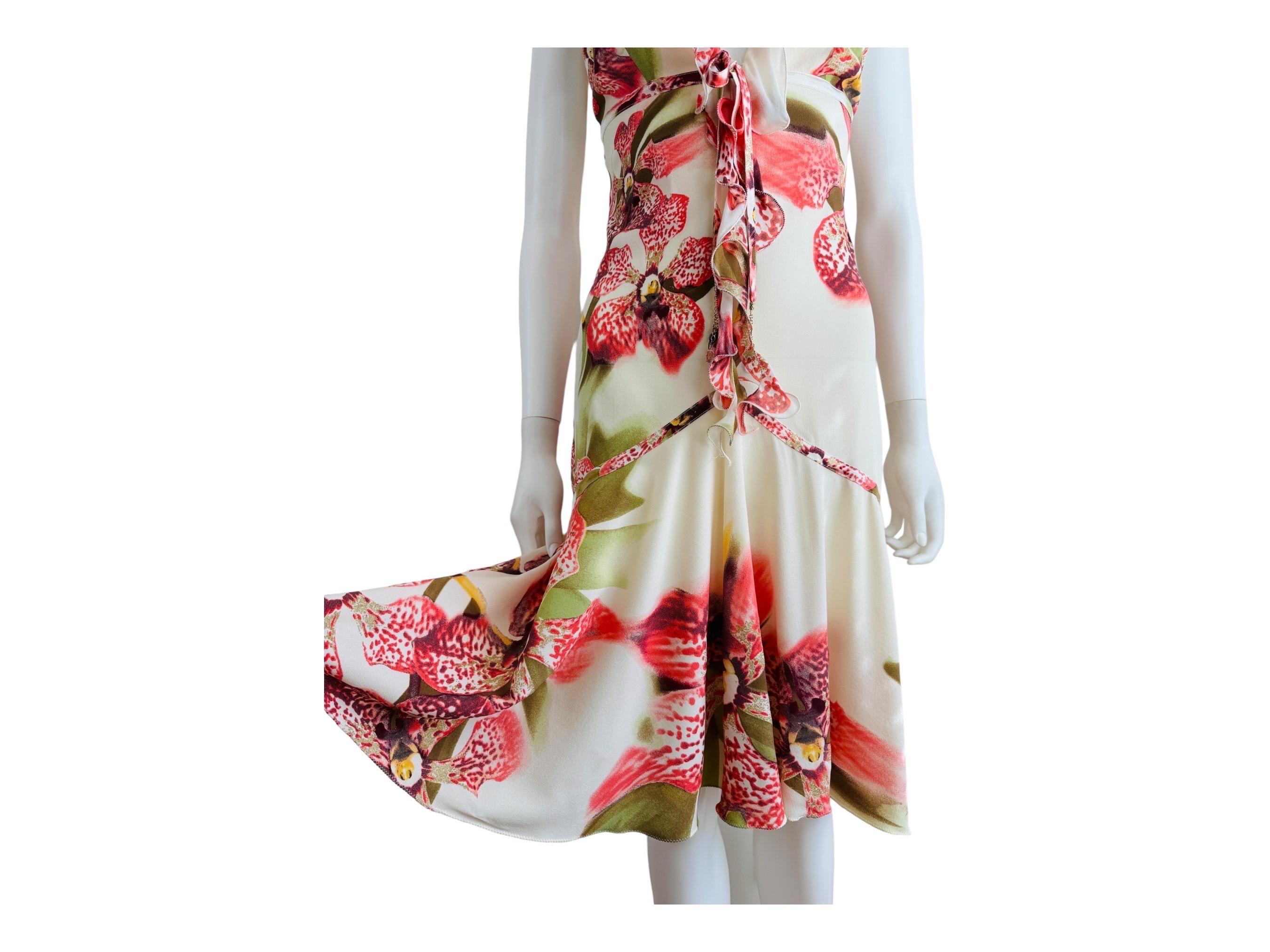 Vintage Roberto Cavalli F/W 2004 Floral Orchid Print Cream + Pink Ruffle Dress 3