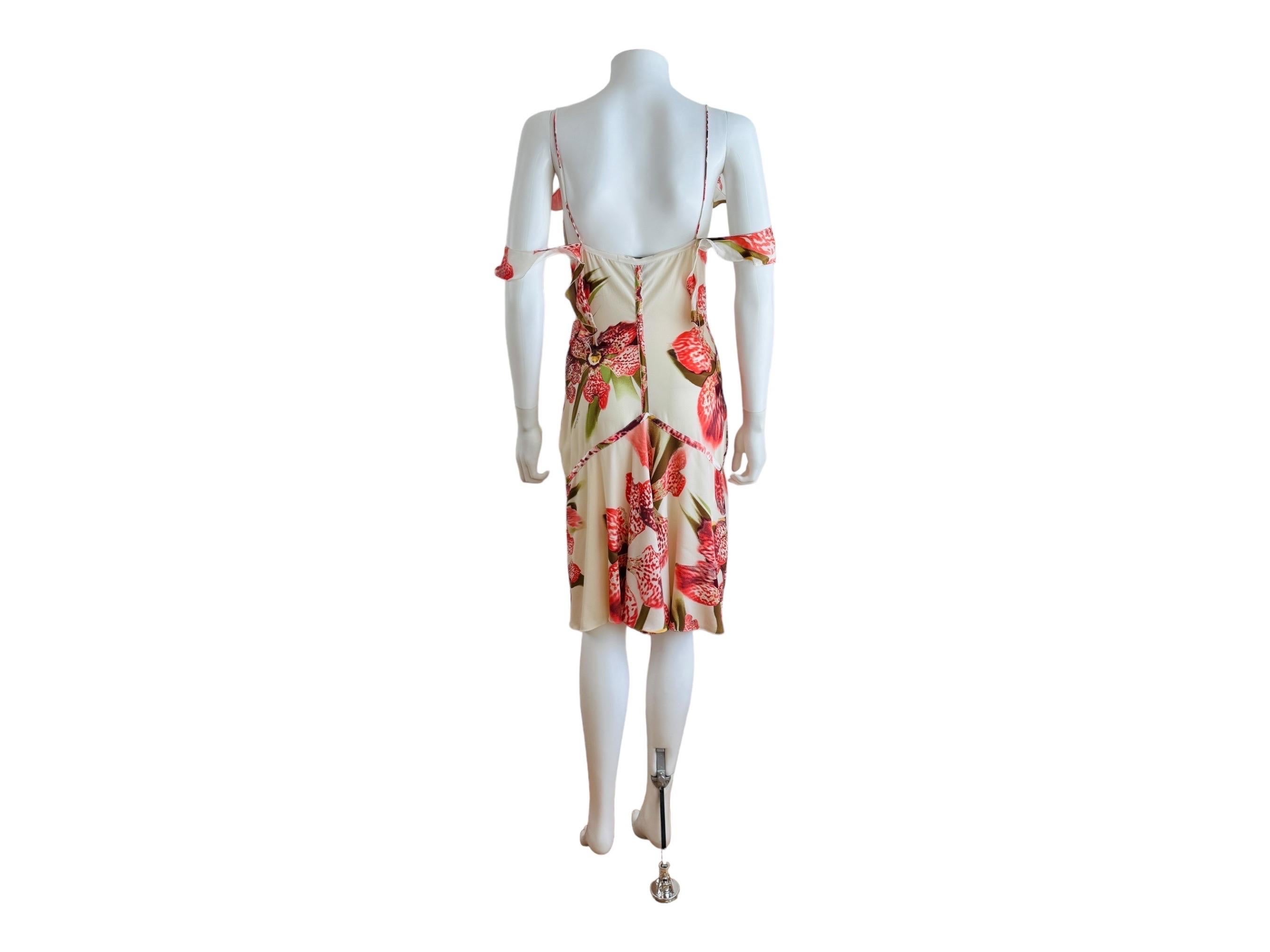 Vintage Roberto Cavalli F/W 2004 Floral Orchid Print Cream + Pink Ruffle Dress 4