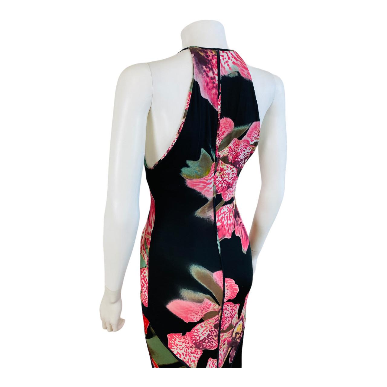Vintage Roberto Cavalli F/W 2004 Floral Orchid Print Pink + Black Dress Gown For Sale 6
