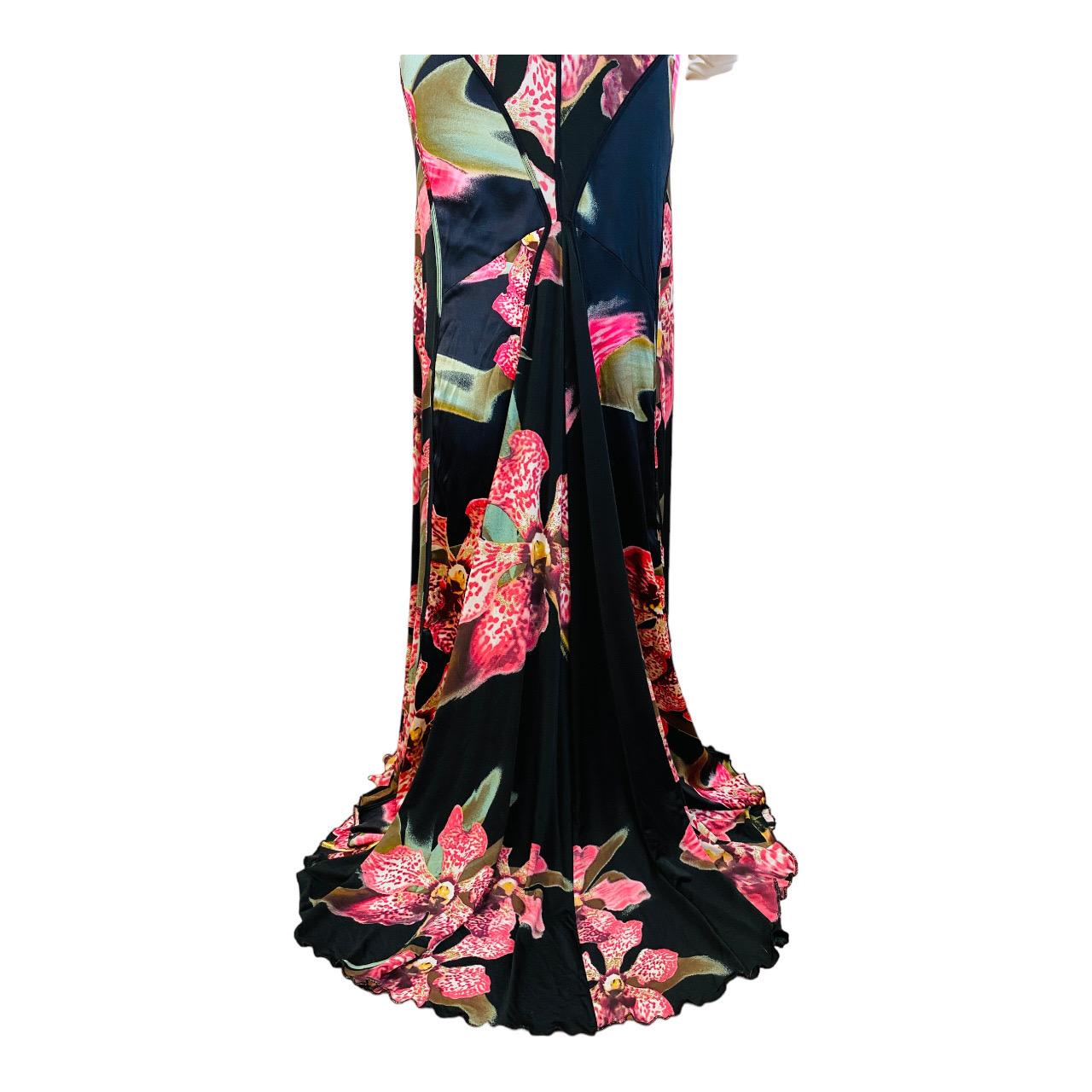 Vintage Roberto Cavalli F/W 2004 Floral Orchid Print Pink + Black Dress Gown For Sale 7