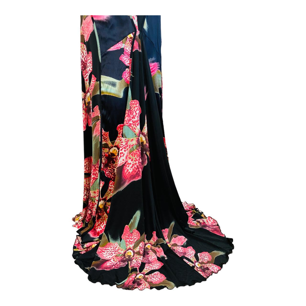 Vintage Roberto Cavalli F/W 2004 Floral Orchid Print Pink + Black Dress Gown For Sale 8