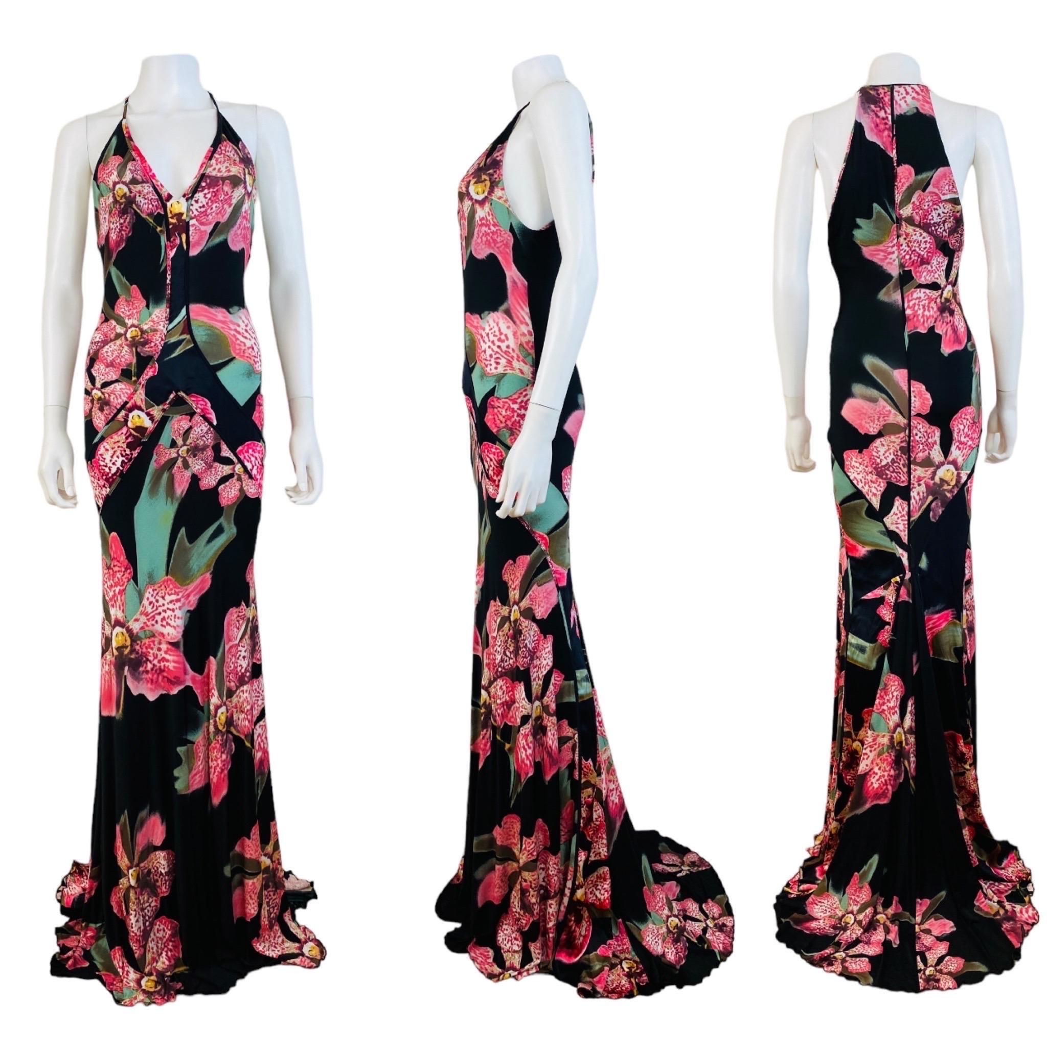 Incredible F/W 2004 Roberto Cavalli Dress 
Black stretch fabric with oversized pink tiger orchid print throughout
Gold glitter accents on fabric
Halter style neckline with thin shoulder straps
Fitted bust with built in bust support
V neckline
Wiggle