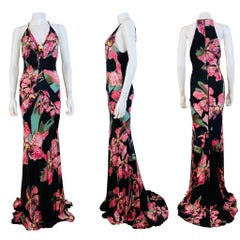 Vintage Roberto Cavalli F/W 2004 Floral Orchid Print Pink + Black Dress Gown