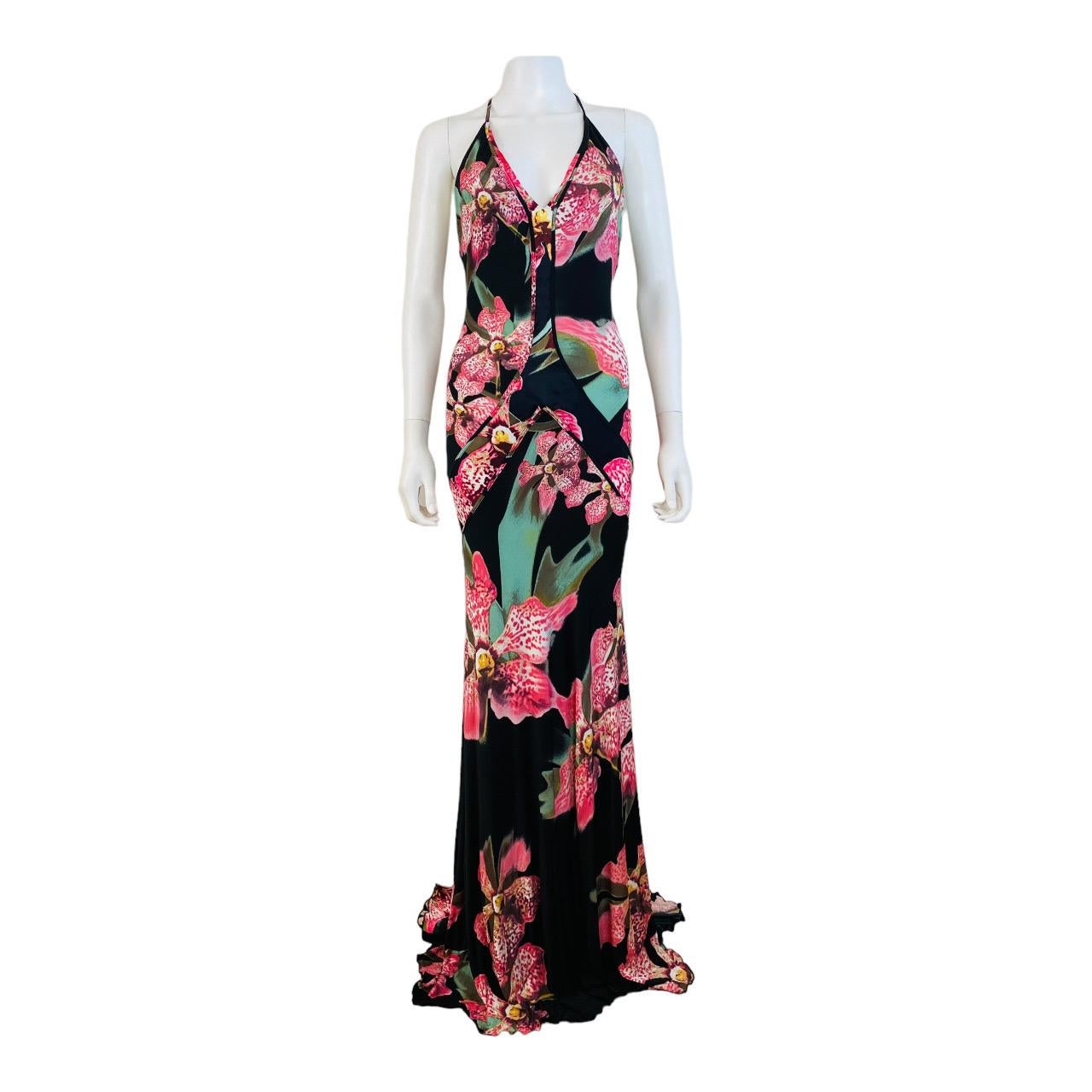 Vintage Roberto Cavalli F/W 2004 Floral Orchid Print Pink + Black Dress Gown In Excellent Condition For Sale In Denver, CO