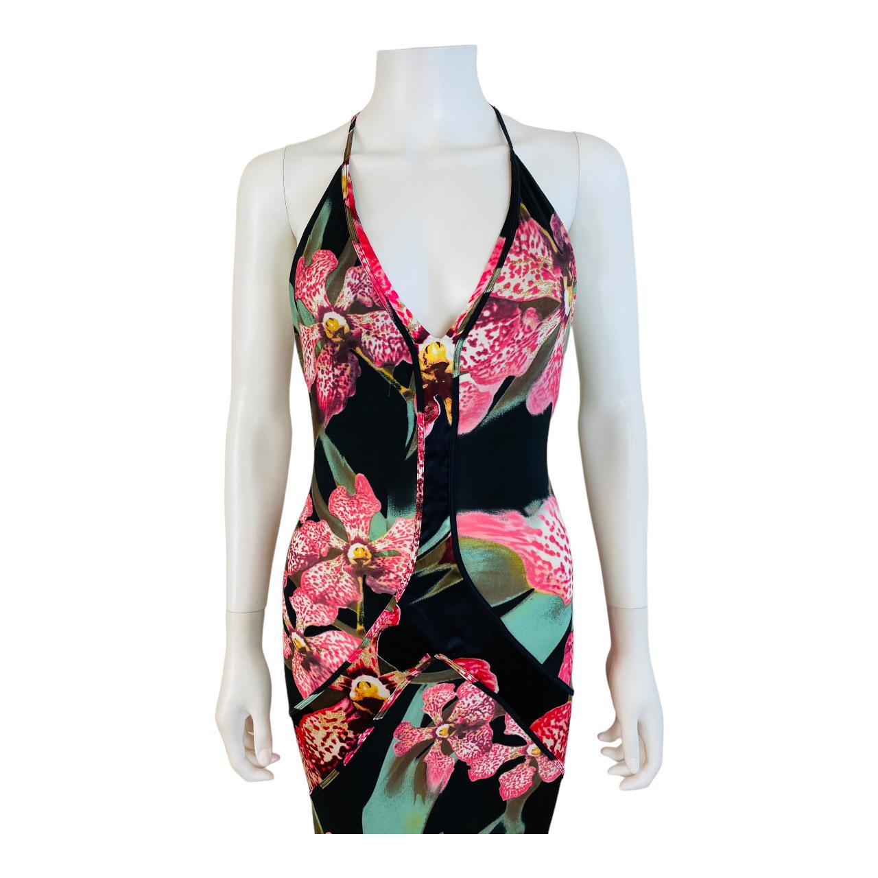 Women's Vintage Roberto Cavalli F/W 2004 Floral Orchid Print Pink + Black Dress Gown For Sale