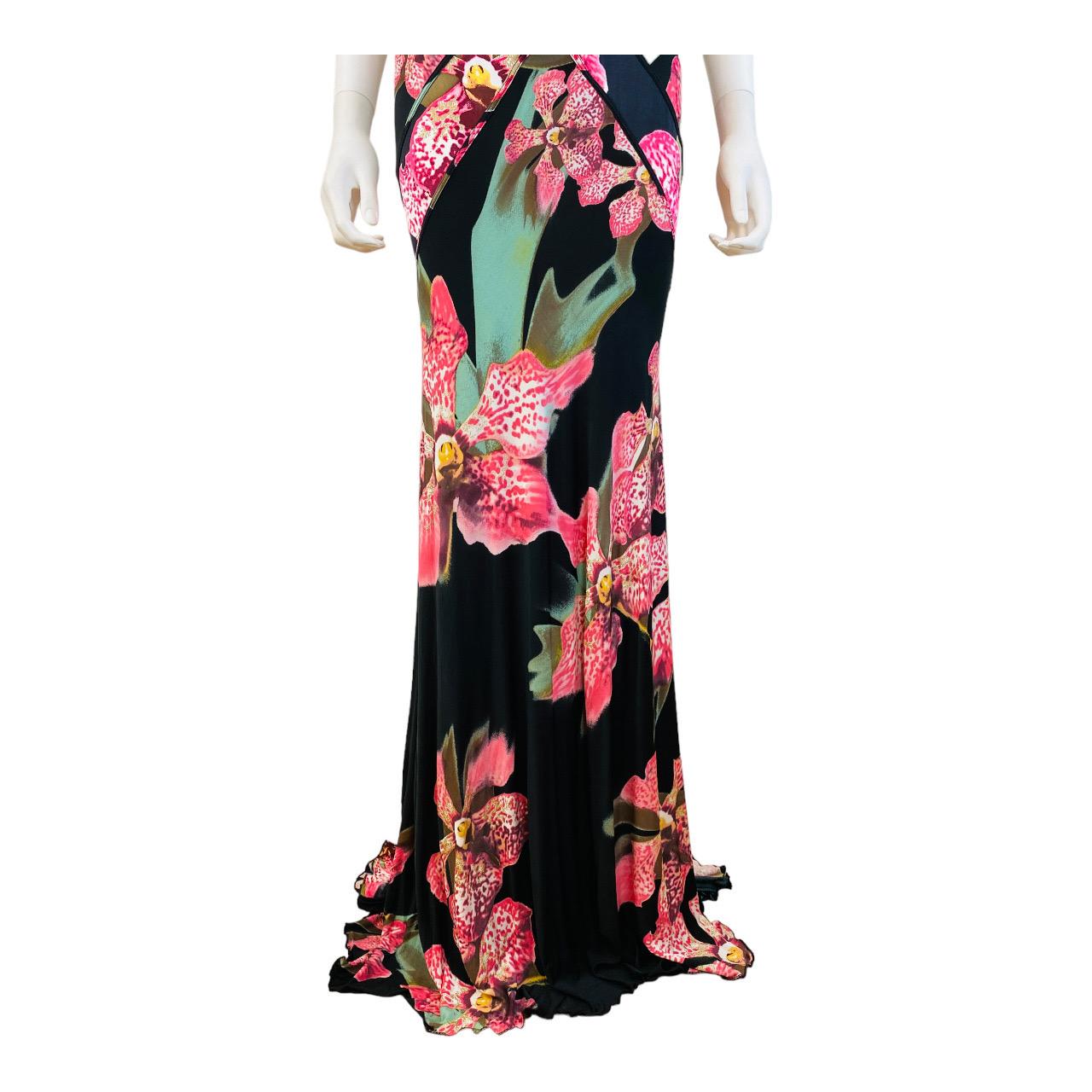 Vintage Roberto Cavalli F/W 2004 Floral Orchid Print Pink + Black Dress Gown For Sale 3