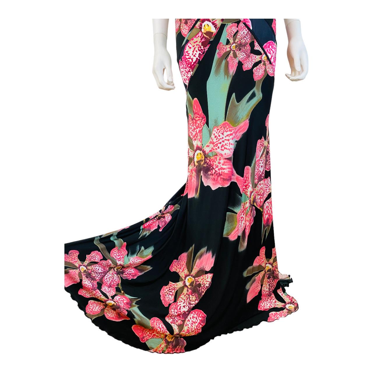 Vintage Roberto Cavalli F/W 2004 Floral Orchid Print Pink + Black Dress Gown For Sale 4