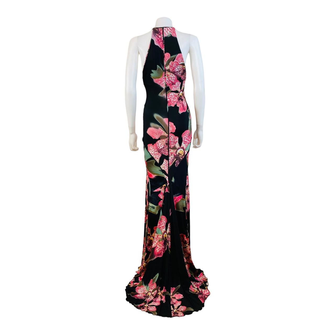 Vintage Roberto Cavalli F/W 2004 Floral Orchid Print Pink + Black Dress Gown For Sale 5