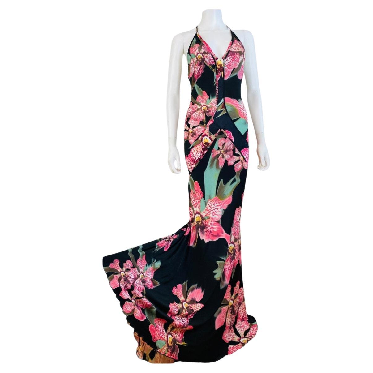 Vintage Roberto Cavalli F/W 2004 Floral Orchid Print Pink + Black Dress Gown For Sale