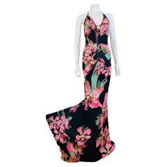 Vintage Roberto Cavalli F/W 2004 Floral Orchid Print Pink + Black Dress Gown