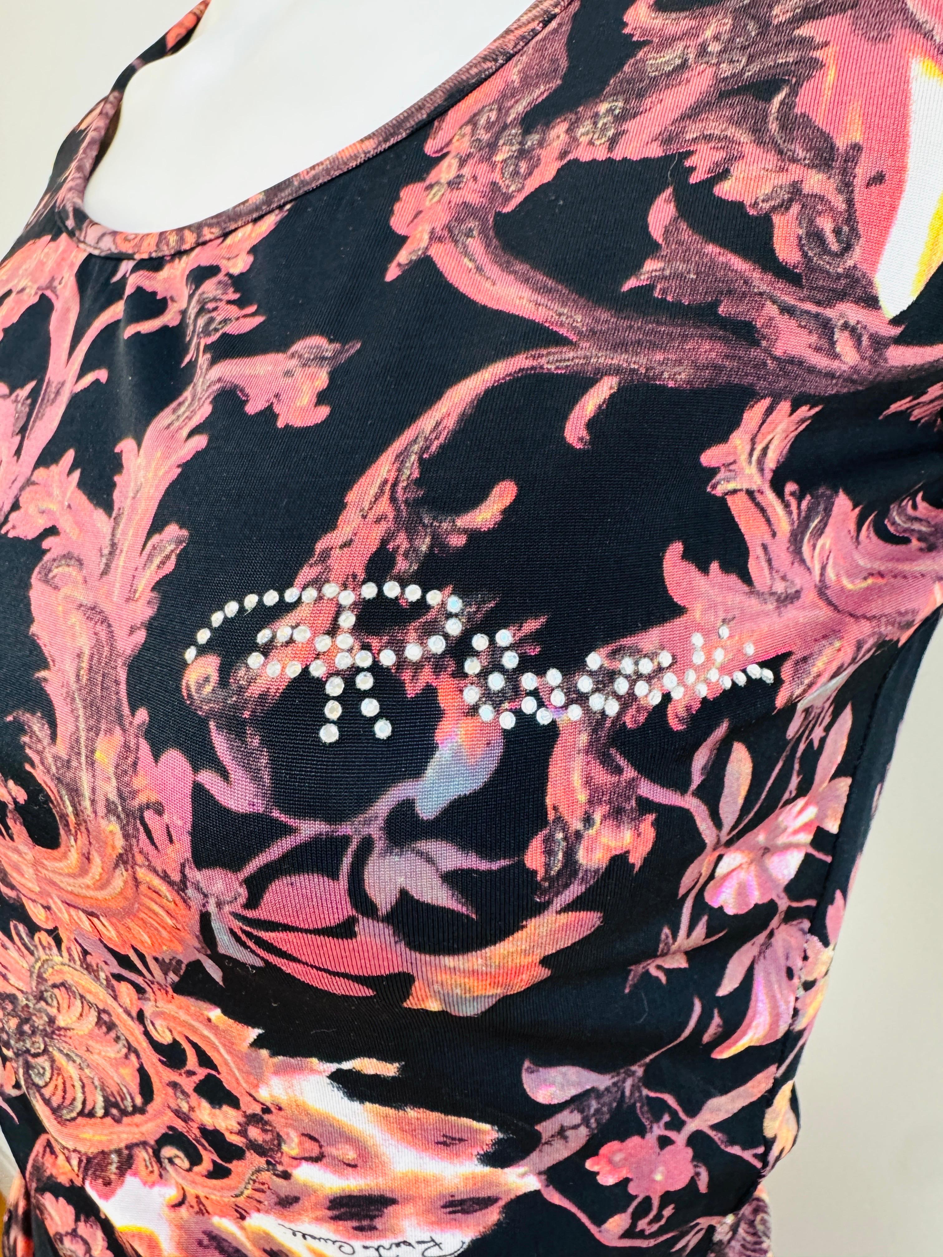 Noir Vintage Roberto Cavalli F/W 2005 Floral Baroque Top + Jupe Rhinestones en vente
