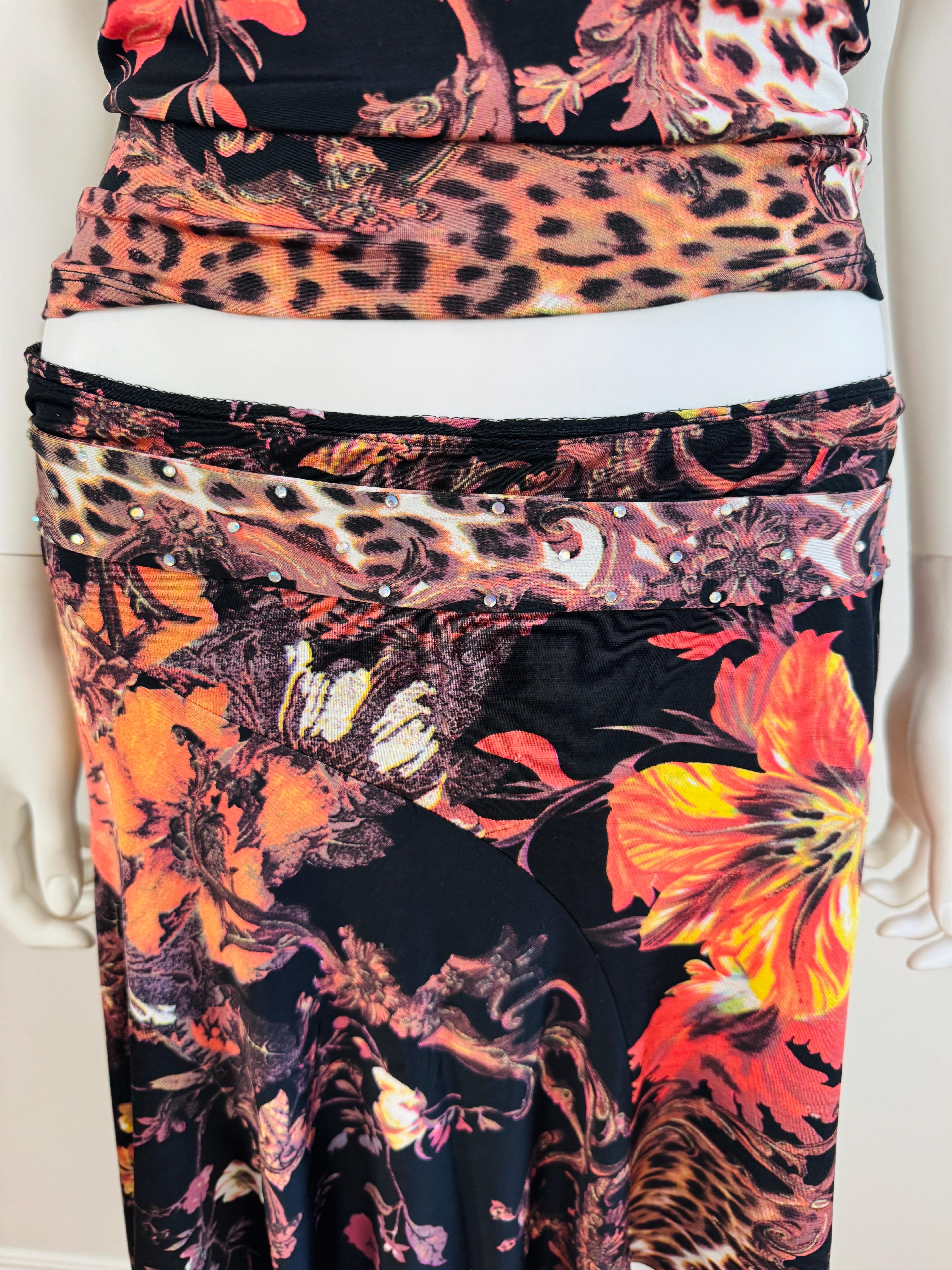 Vintage Roberto Cavalli F/W 2005 Floral Baroque Top + Jupe Rhinestones en vente 2