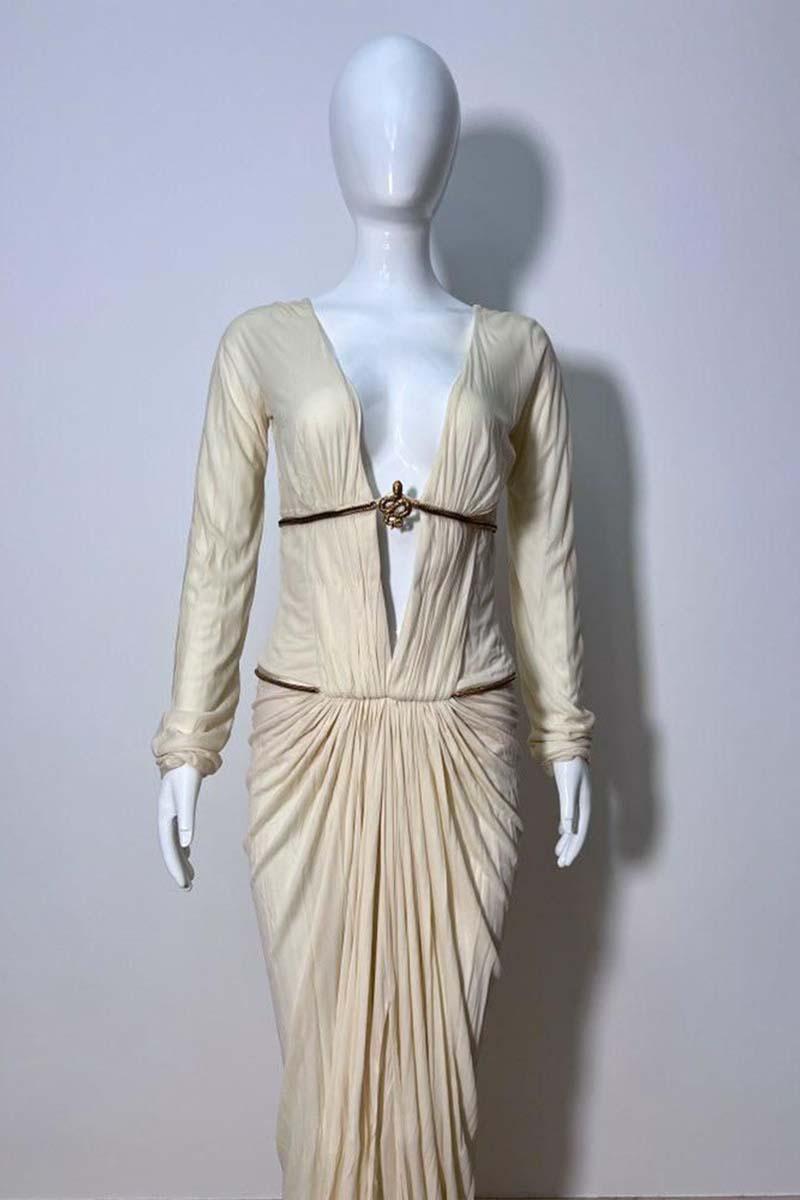 Vintage Roberto Cavalli F/W 2007 White Cream Snake Gown Ornament Gown For Sale 2