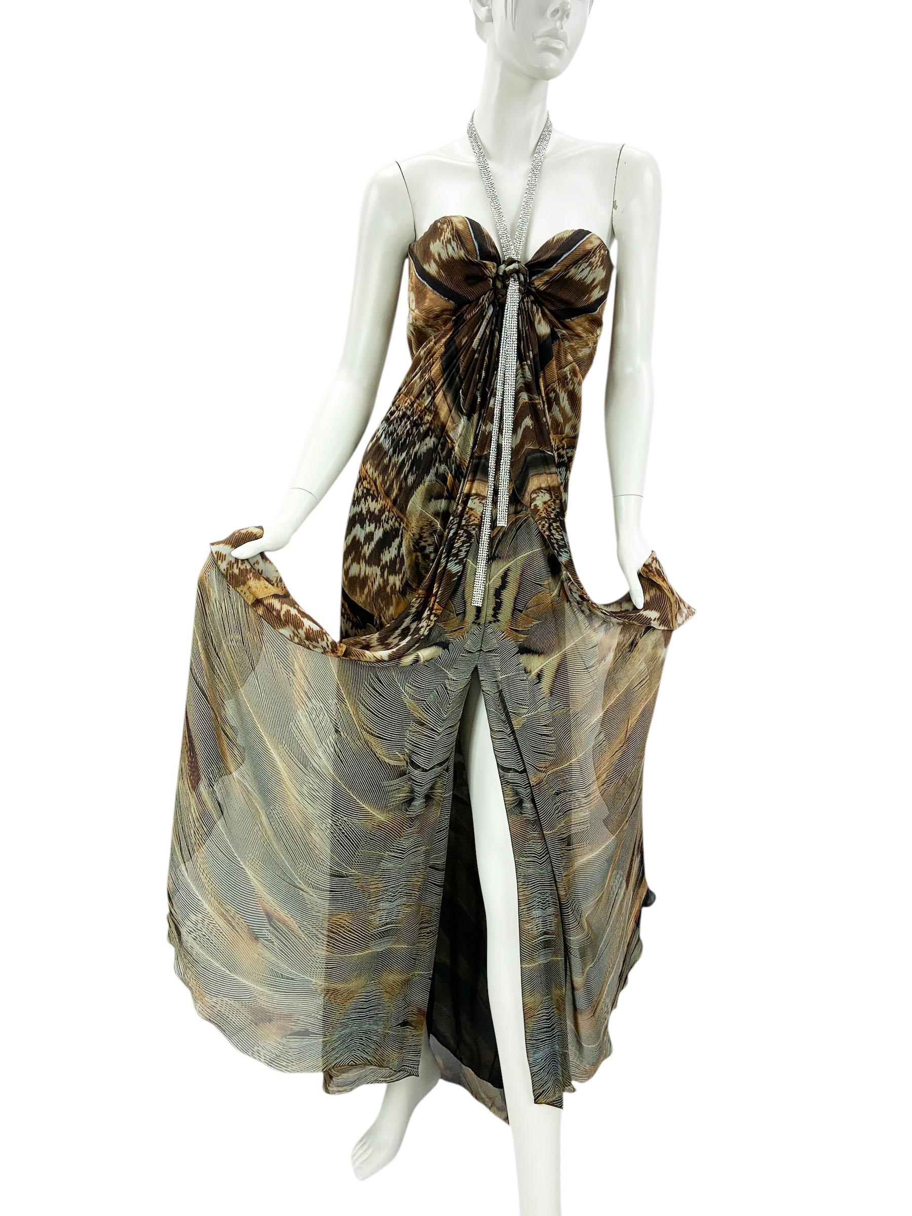 Vintage Roberto Cavalli Korsettkleid mit Federdruck und Kristall-Lariat-Spitzenbesatz aus Kristall It. 40 (Schwarz) im Angebot