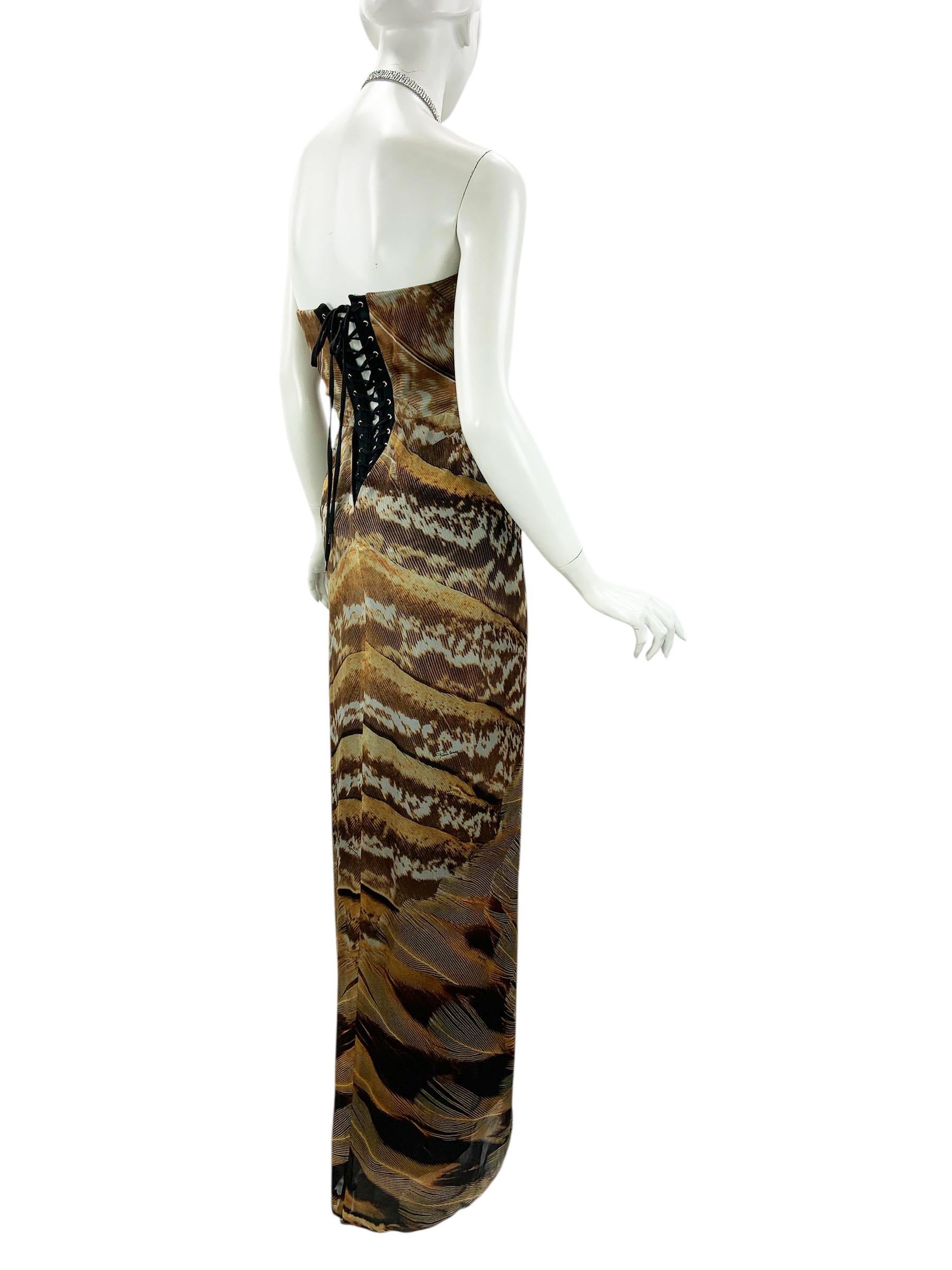 Vintage Roberto Cavalli Korsettkleid mit Federdruck und Kristall-Lariat-Spitzenbesatz aus Kristall It. 40 Damen im Angebot