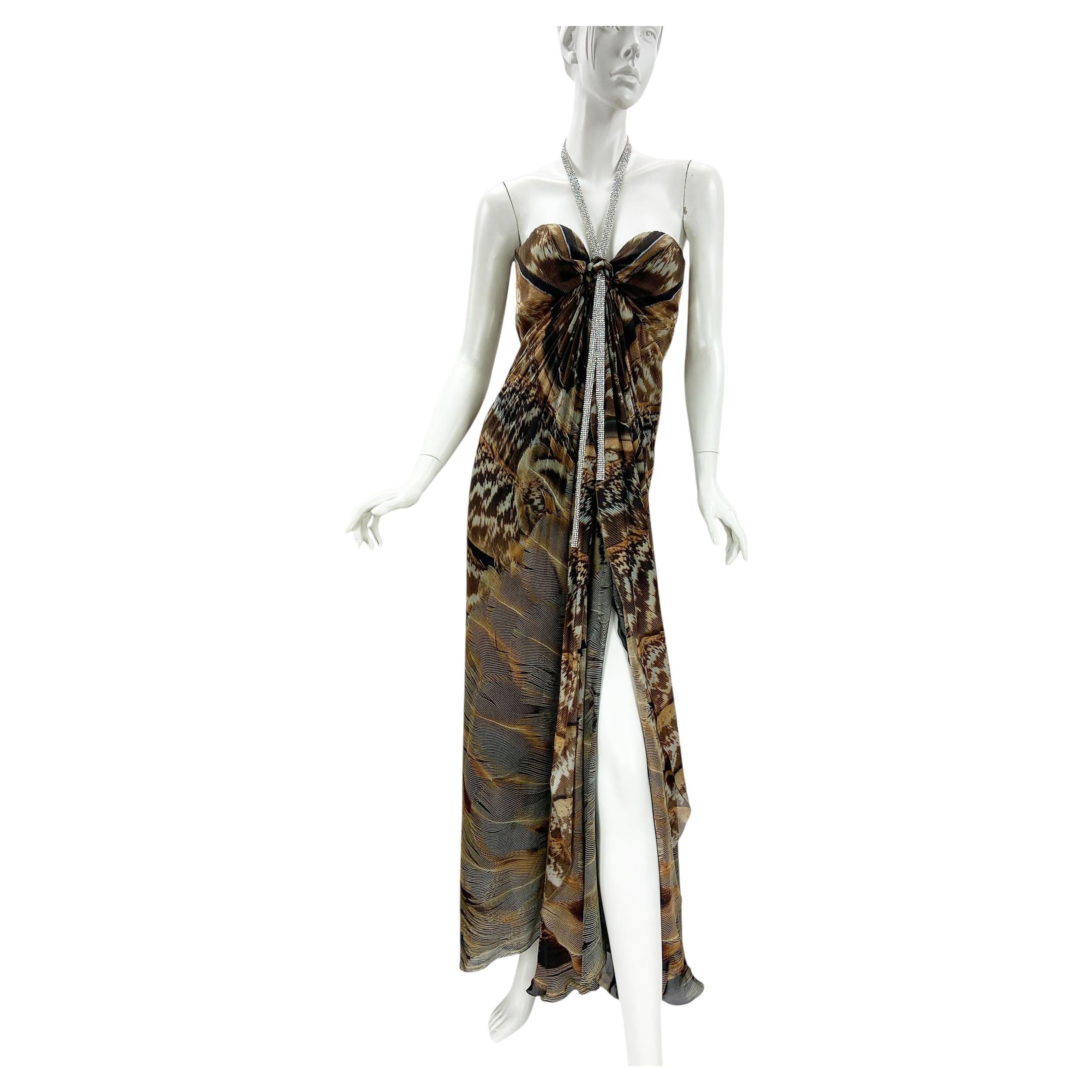 Roberto Cavalli Vintage Stampa Piuma Cristallo Lariat Pizzo Corsetto Abito It. 40