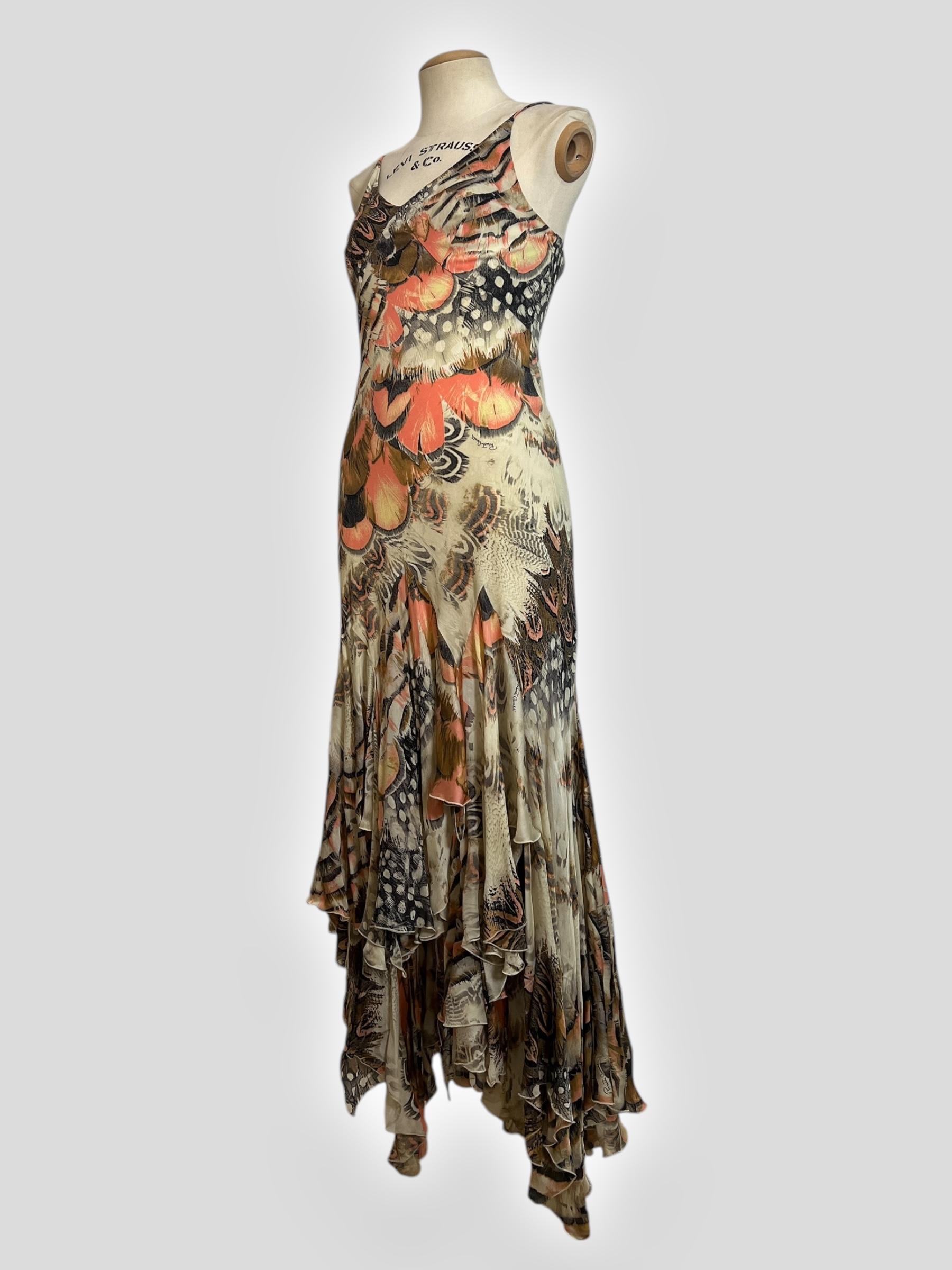 Brown Vintage Roberto Cavalli Feather-Print Dress, Spring 2004 Runway Collection For Sale