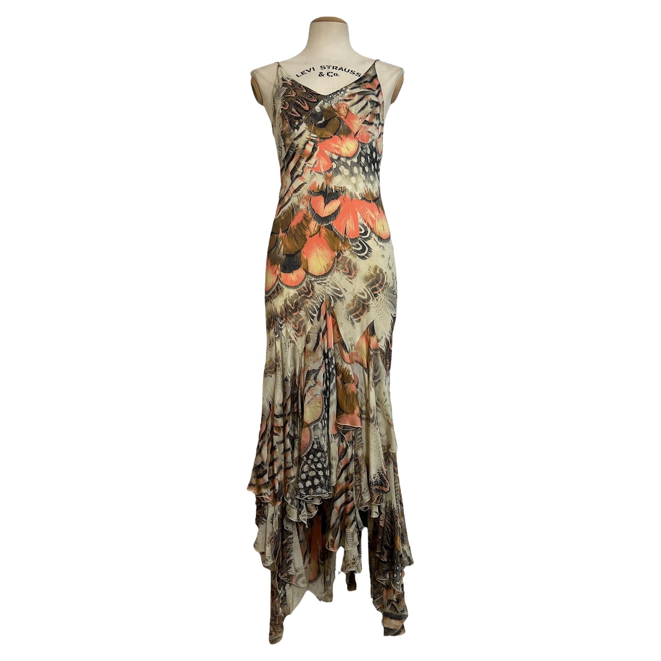 Vintage Roberto Cavalli Feather-Print Dress, Spring 2004 Runway Collection For Sale