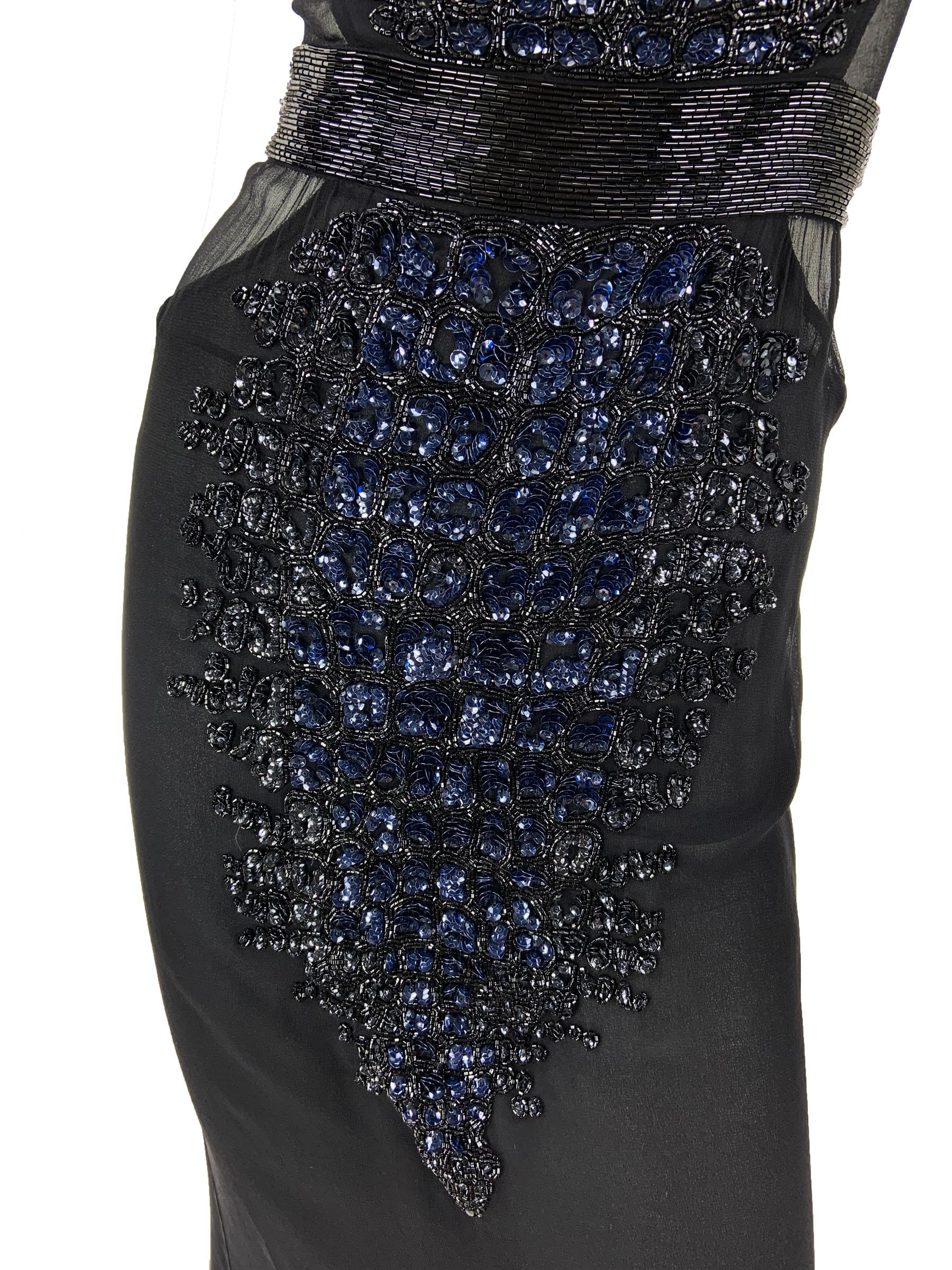 Vintage Roberto Cavalli FW 2004 Black Silk Crocodile Pattern Embellished Gown 40 For Sale 9