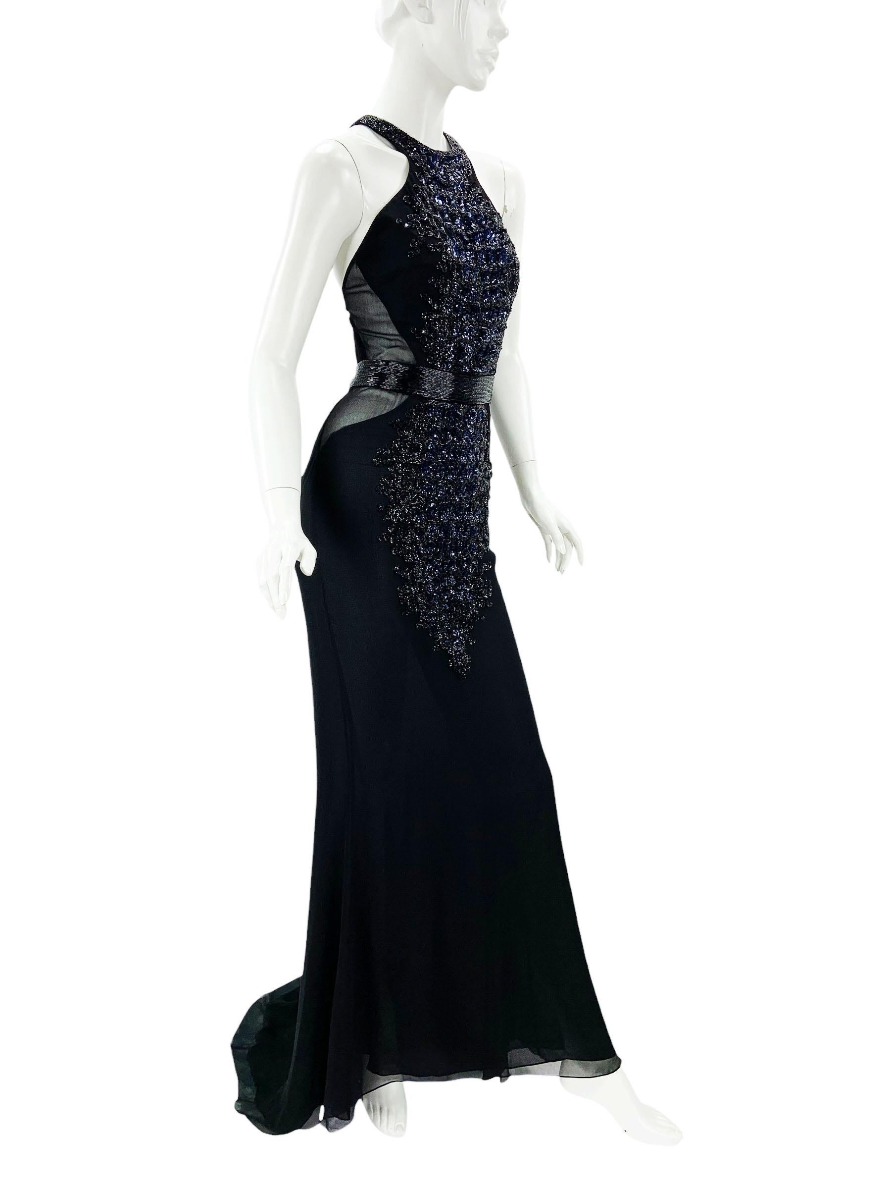 Vintage Roberto Cavalli FW 2004 Black Silk Crocodile Pattern Embellished Gown 40 In Excellent Condition For Sale In Montgomery, TX