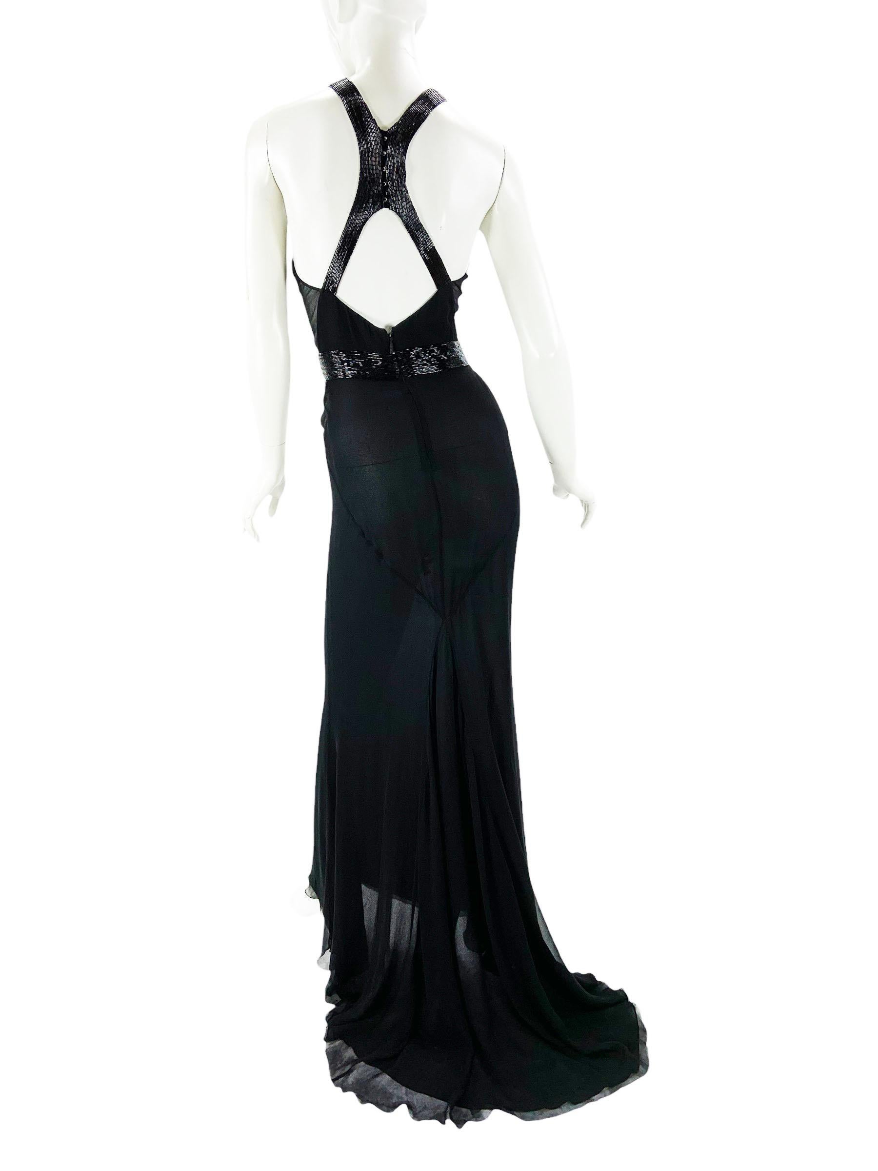 Women's Vintage Roberto Cavalli FW 2004 Black Silk Crocodile Pattern Embellished Gown 40 For Sale