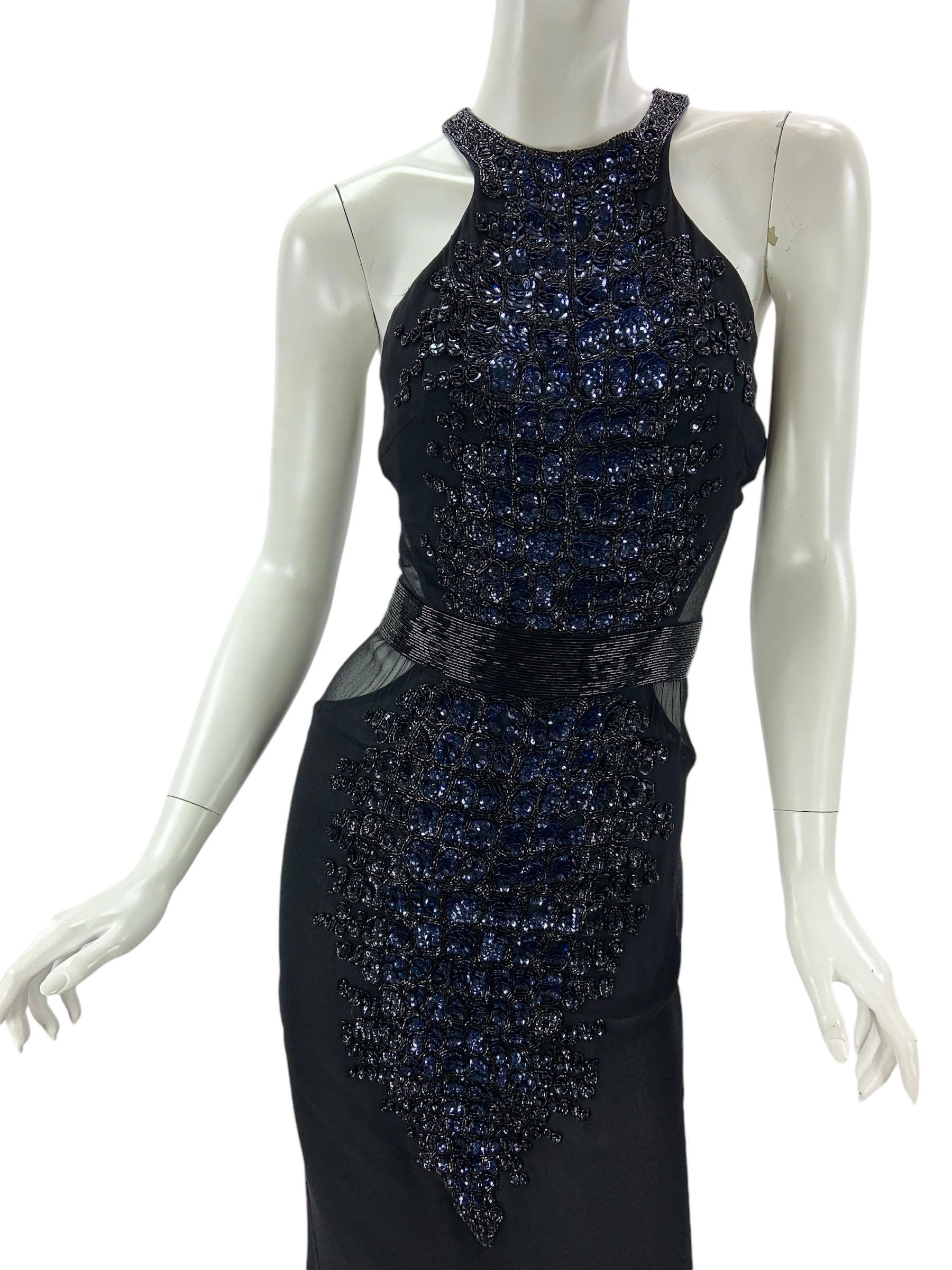 Vintage Roberto Cavalli FW 2004 Black Silk Crocodile Pattern Embellished Gown 40 For Sale 2