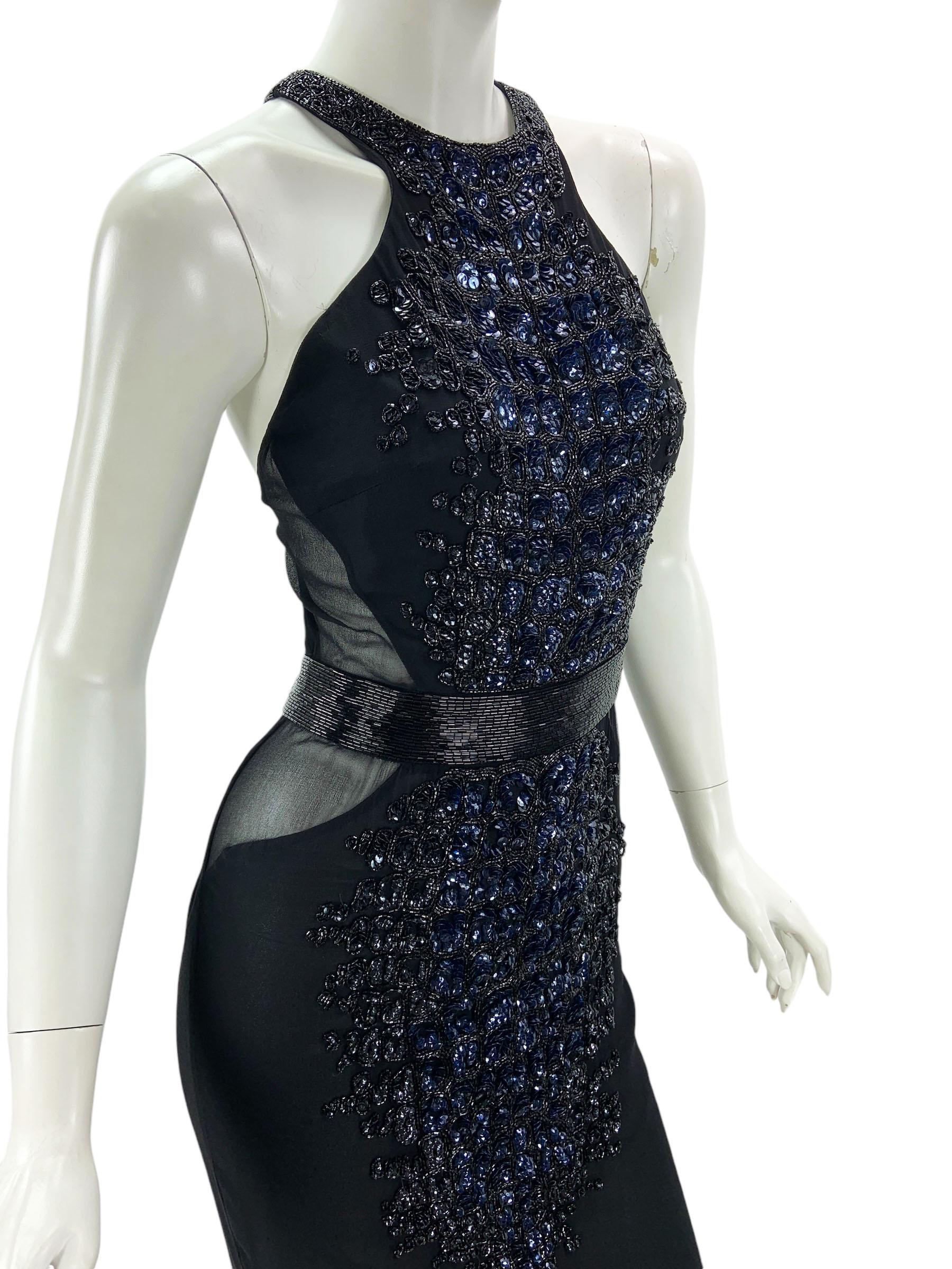 Vintage Roberto Cavalli FW 2004 Black Silk Crocodile Pattern Embellished Gown 40 For Sale 3