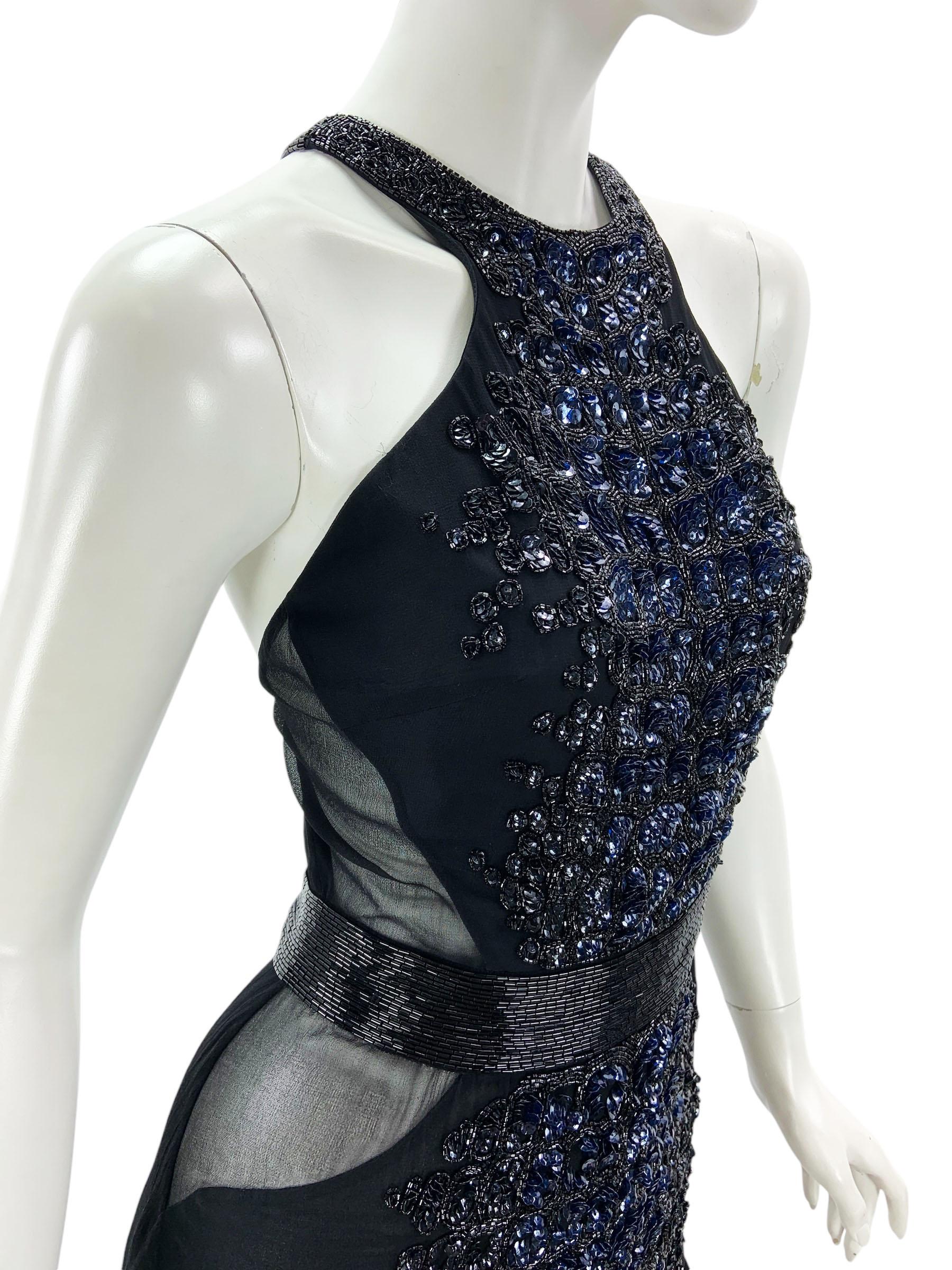 Vintage Roberto Cavalli FW 2004 Black Silk Crocodile Pattern Embellished Gown 40 For Sale 4