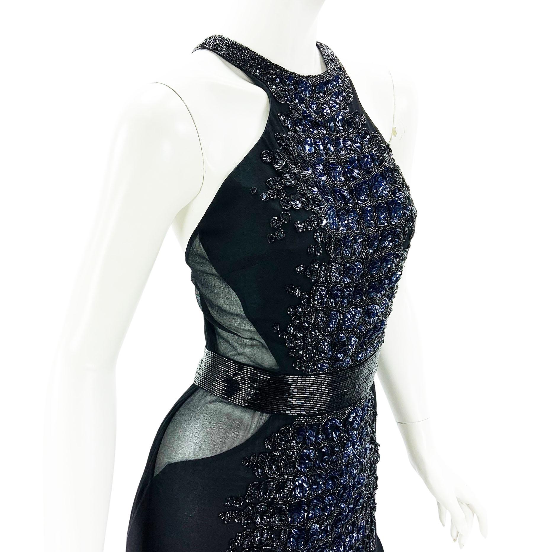 Vintage Roberto Cavalli FW 2004 Black Silk Crocodile Pattern Embellished Gown 40 For Sale 5