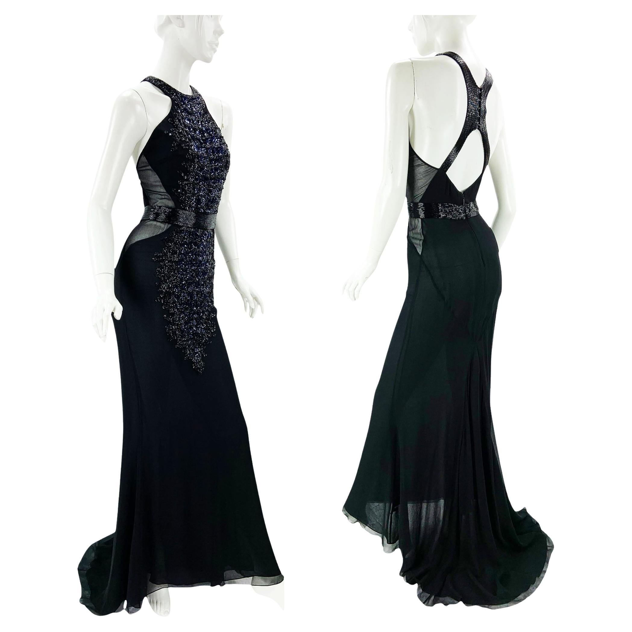 Vintage Roberto Cavalli FW 2004 Black Silk Crocodile Pattern Embellished Gown 40 For Sale