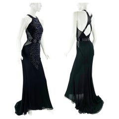 Robe vintage Roberto Cavalli FW 2004 en soie noire ornée de motifs crocodiles 40