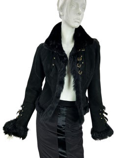 Vintage Roberto Cavalli FW 2004 Black Suede Mink Shearling Jacket Italian M