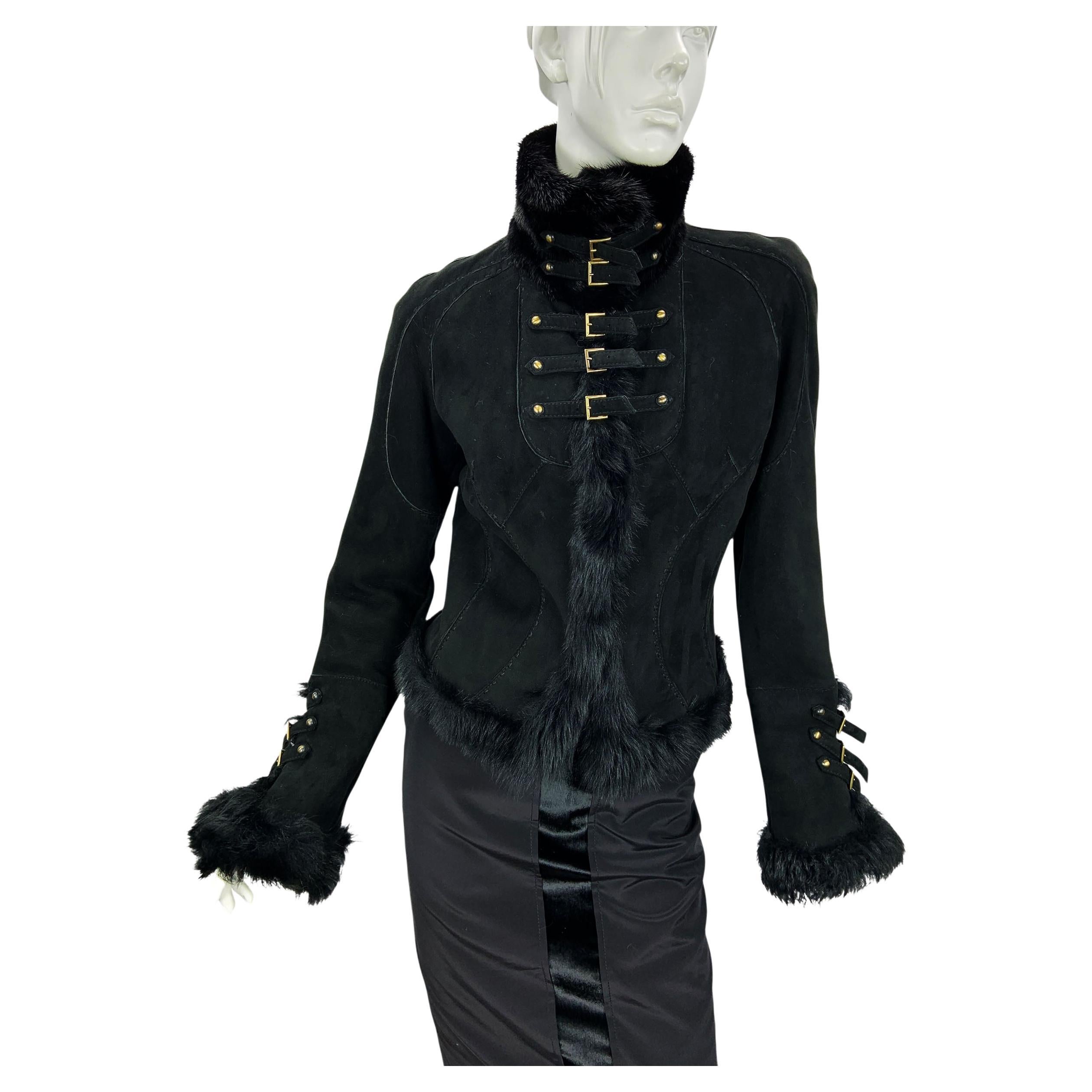 Vintage Roberto Cavalli FW 2004 Black Suede Mink Shearling Jacket Italian M