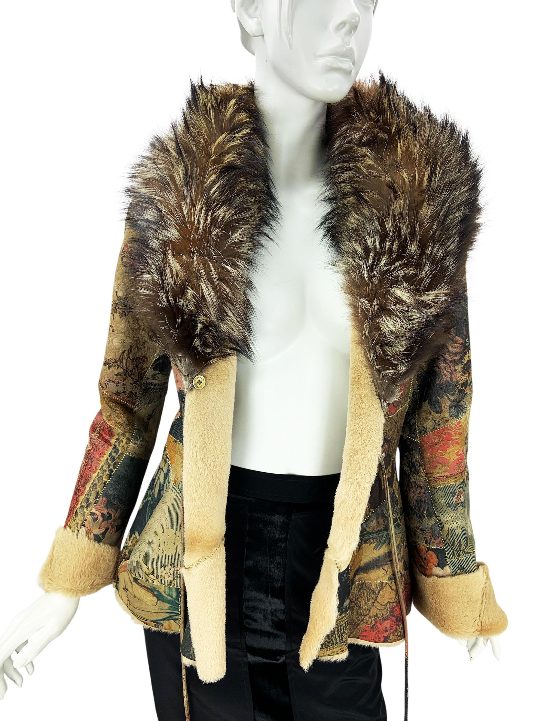 Vintage By Roberto Cavalli Leder Patchwork Shearling Jacke Waschbär Pelz Kragen S (Schwarz) im Angebot