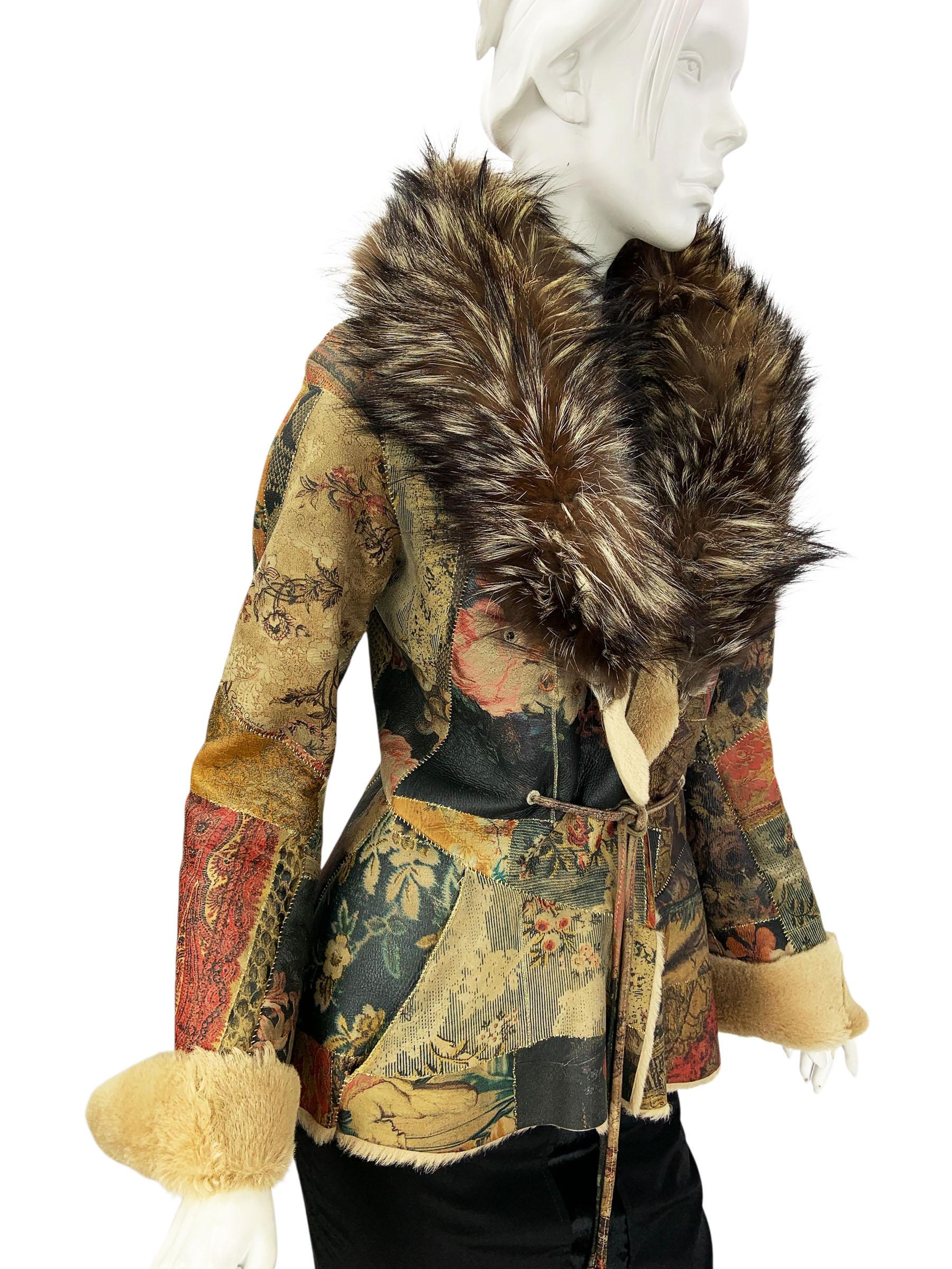 Vintage By Roberto Cavalli Leder Patchwork Shearling Jacke Waschbär Pelz Kragen S im Zustand „Hervorragend“ im Angebot in Montgomery, TX