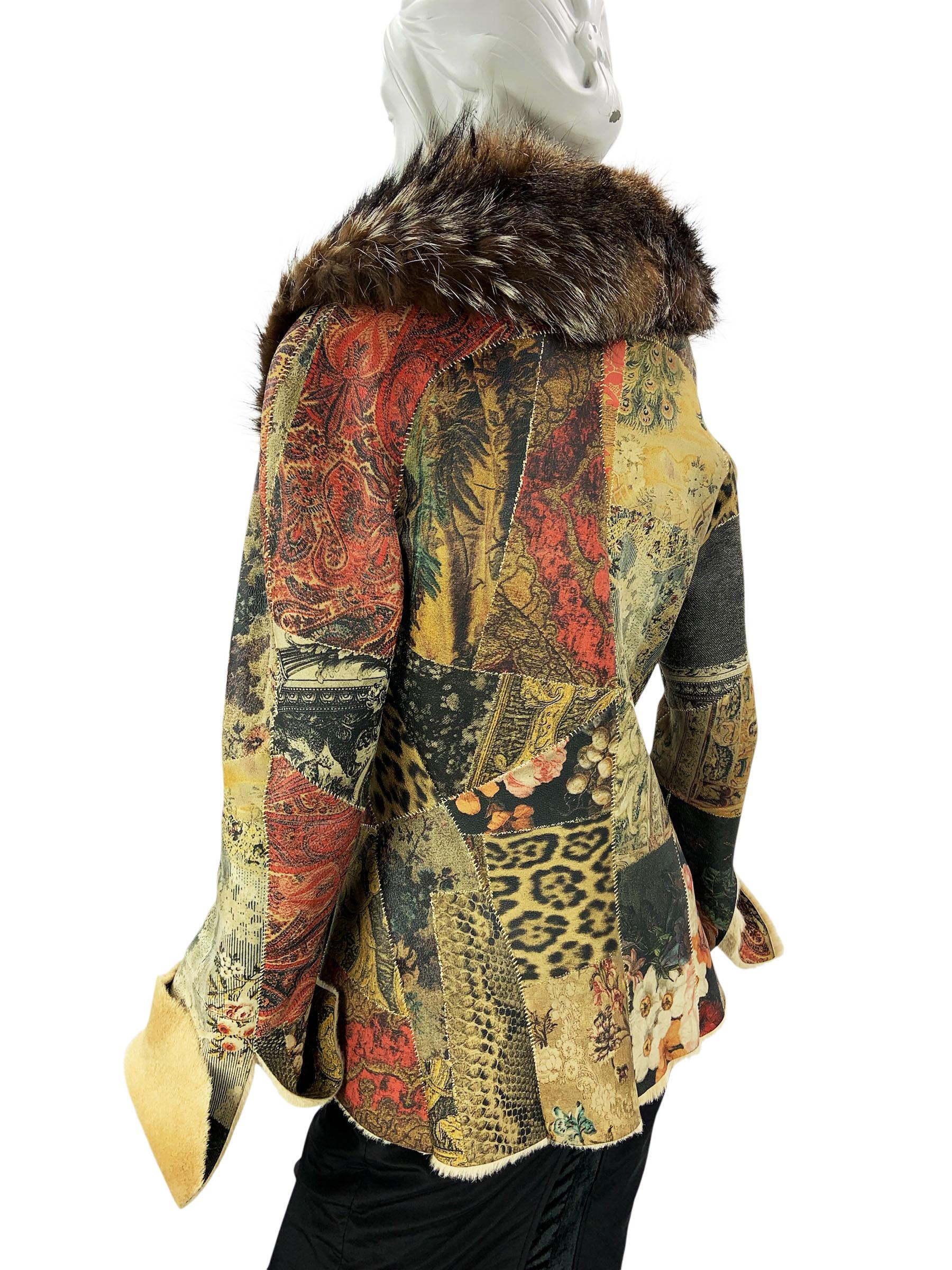 Vintage By Roberto Cavalli Leder Patchwork Shearling Jacke Waschbär Pelz Kragen S Damen im Angebot