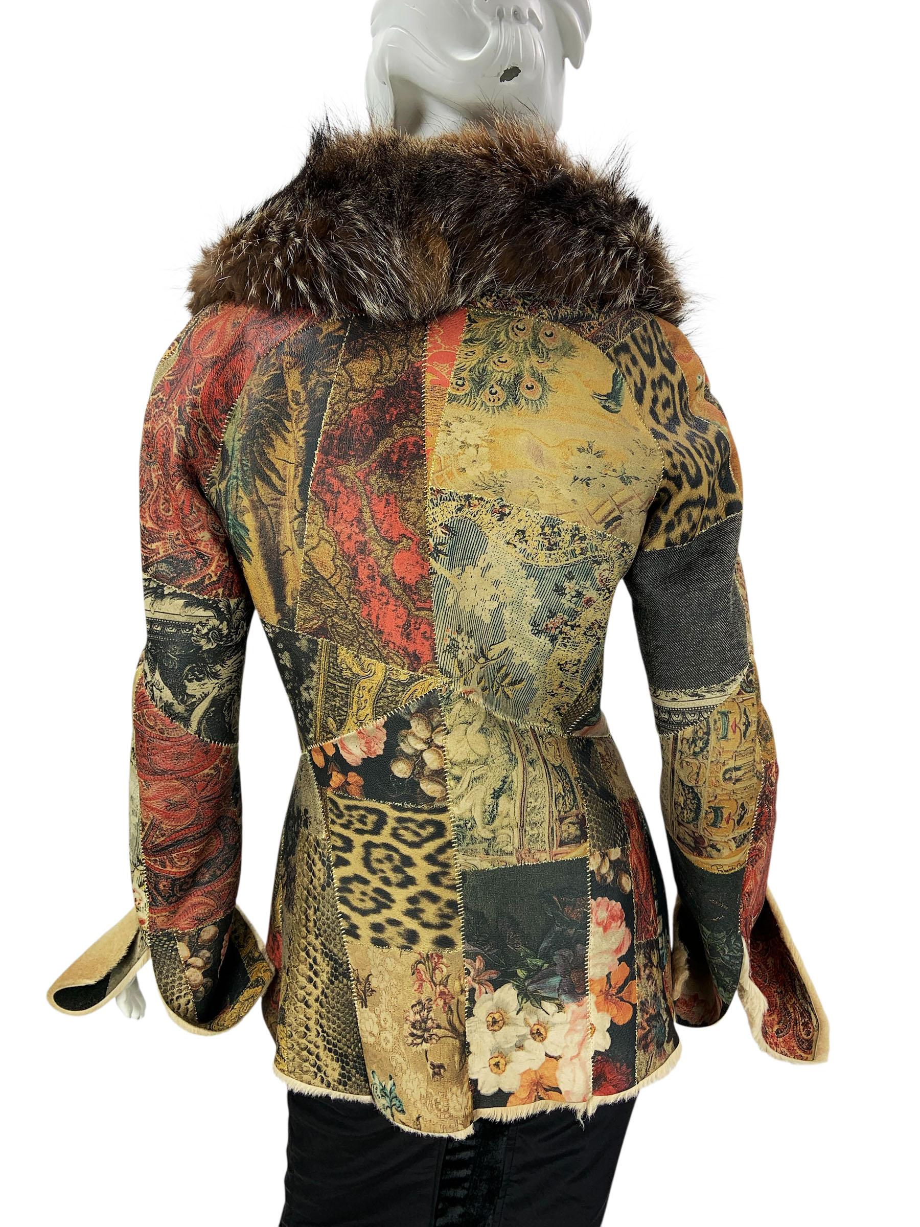 Vintage By Roberto Cavalli Leder Patchwork Shearling Jacke Waschbär Pelz Kragen S im Angebot 1
