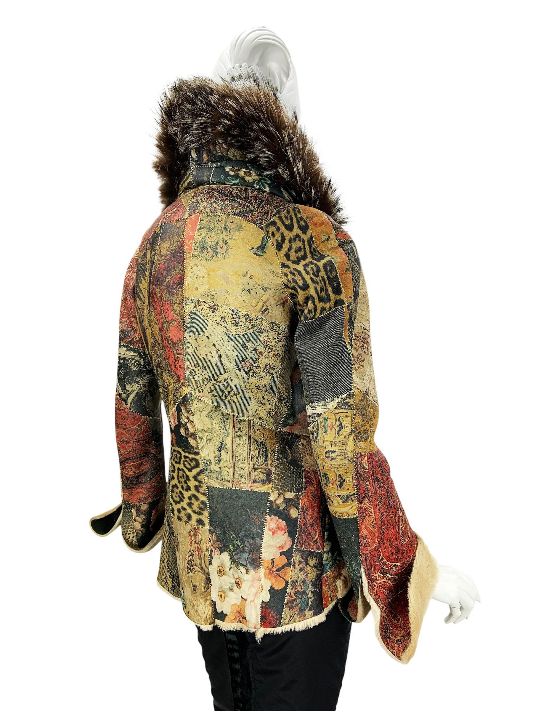 Vintage By Roberto Cavalli Leder Patchwork Shearling Jacke Waschbär Pelz Kragen S im Angebot 2