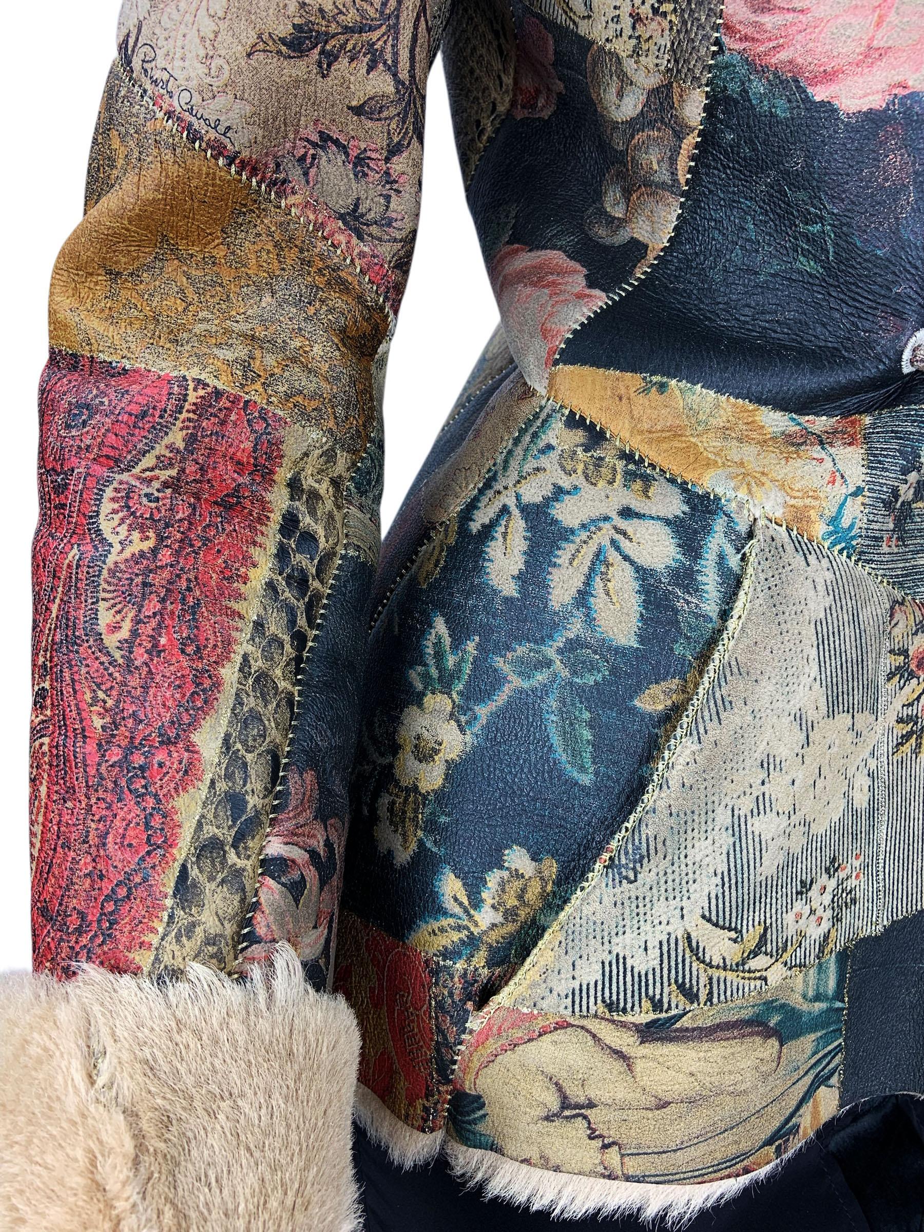 Vintage By Roberto Cavalli Leder Patchwork Shearling Jacke Waschbär Pelz Kragen S im Angebot 3