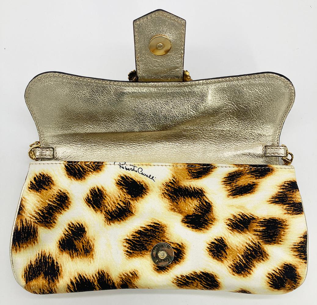 Beige Vintage Roberto Cavalli Leopard Print Silk Sunflower Clutch Baguette For Sale