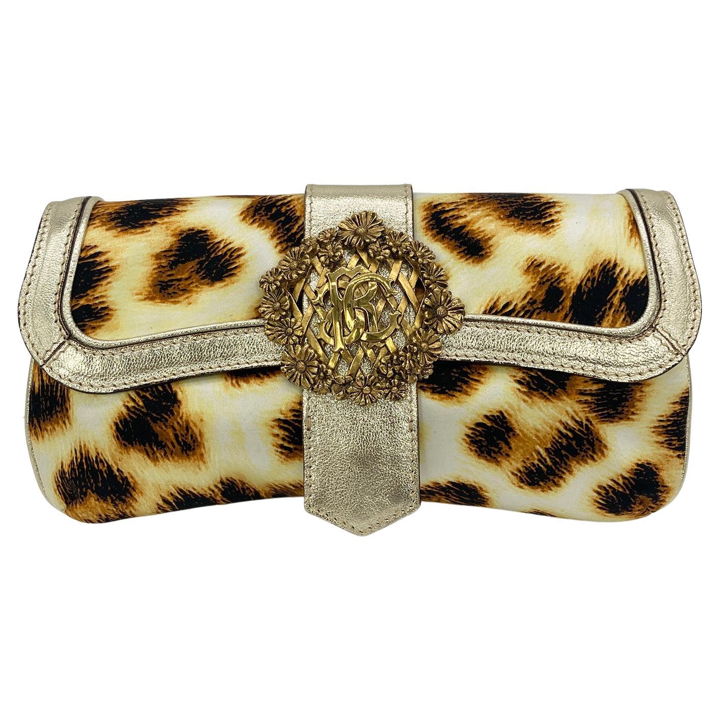 Roberto Cavalli Sonnenblumen-Clutch aus Seide mit Leopardenmuster Baguette im Angebot