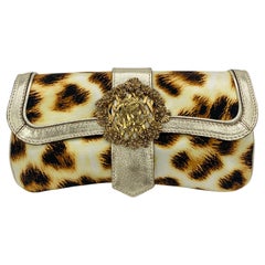 Roberto Cavalli Sonnenblumen-Clutch aus Seide mit Leopardenmuster Baguette